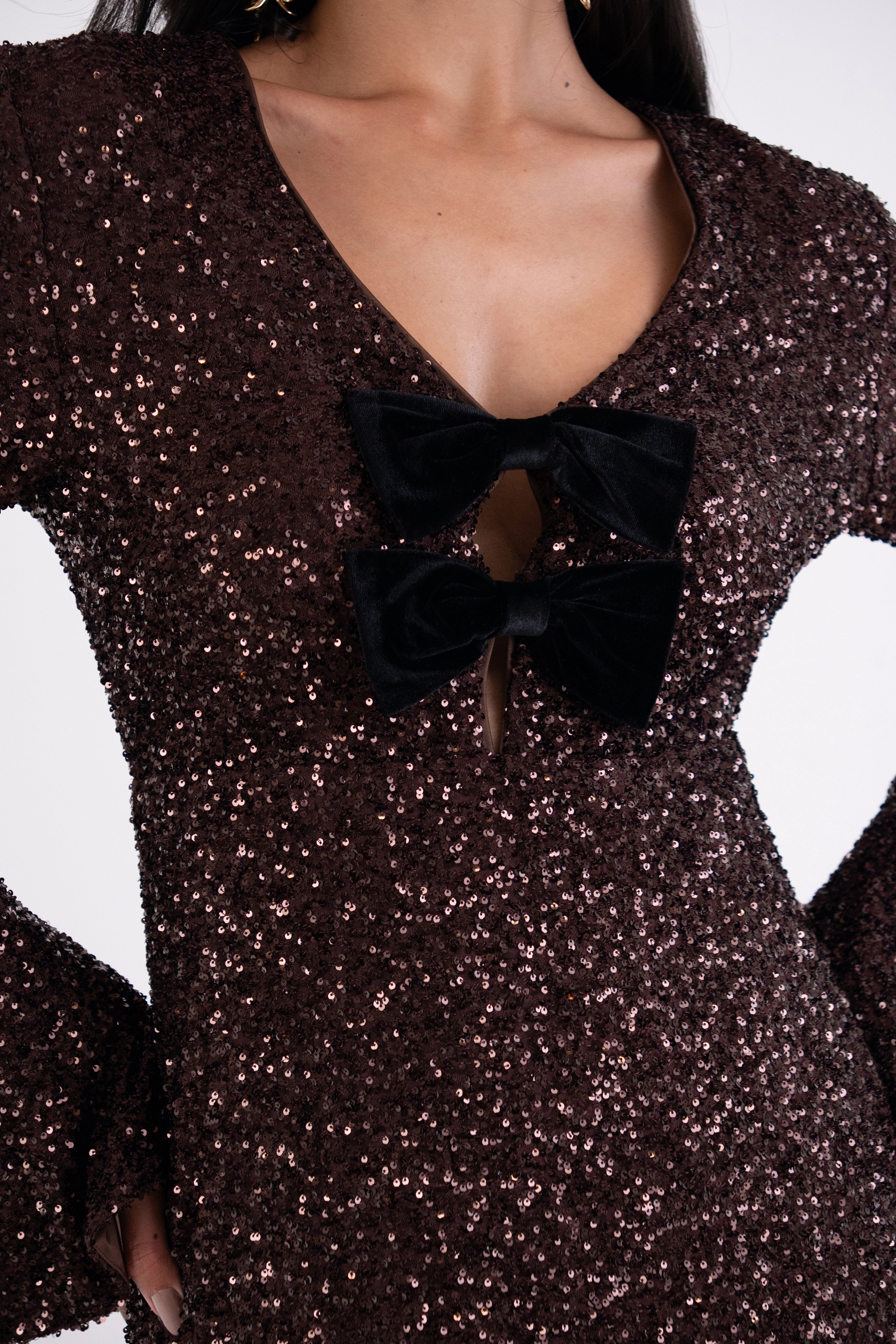 Diana Premium Brown Sequin Dress with Bow Tie