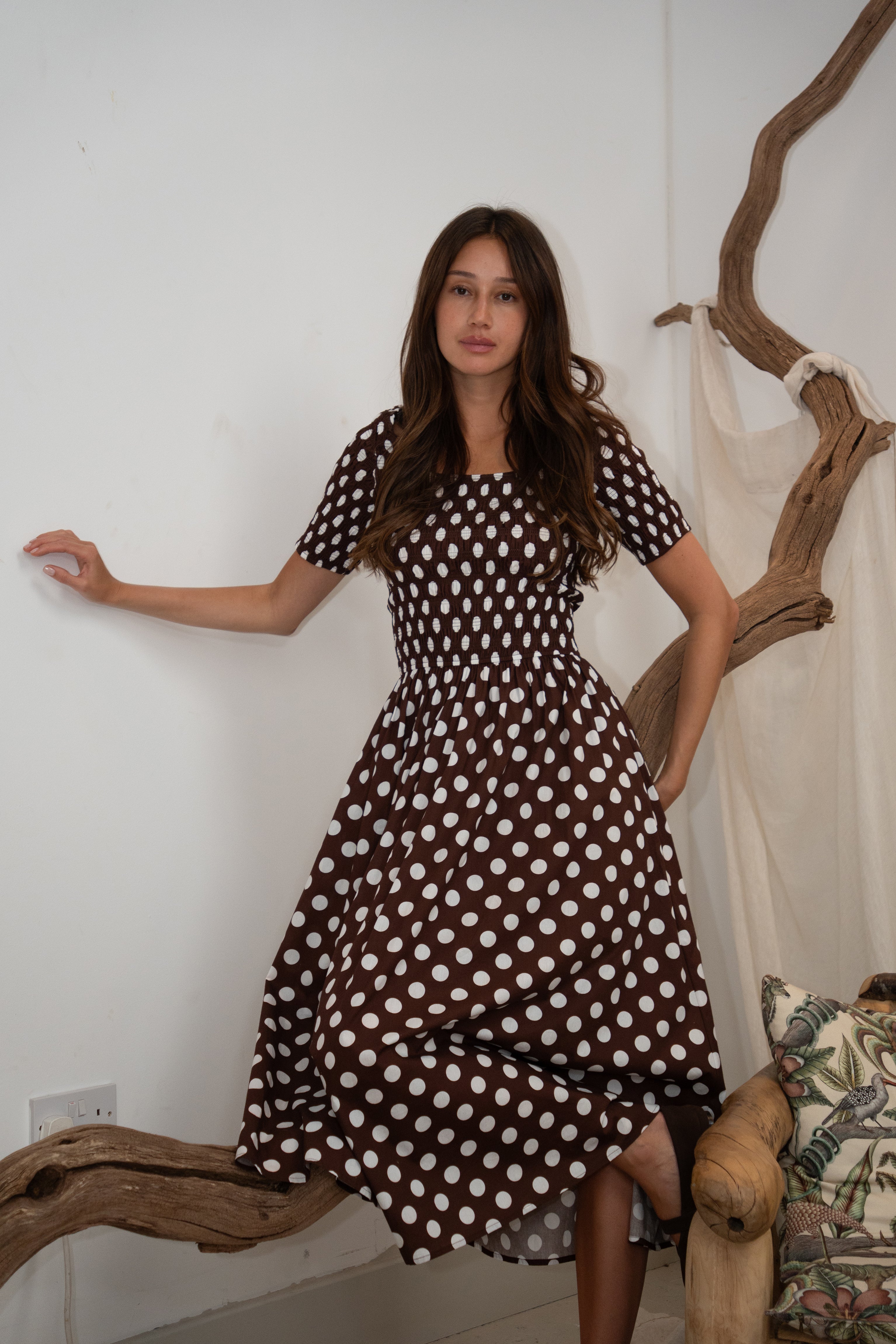 Matilda Pure Cotton Brown Polka Dot Midi Dress