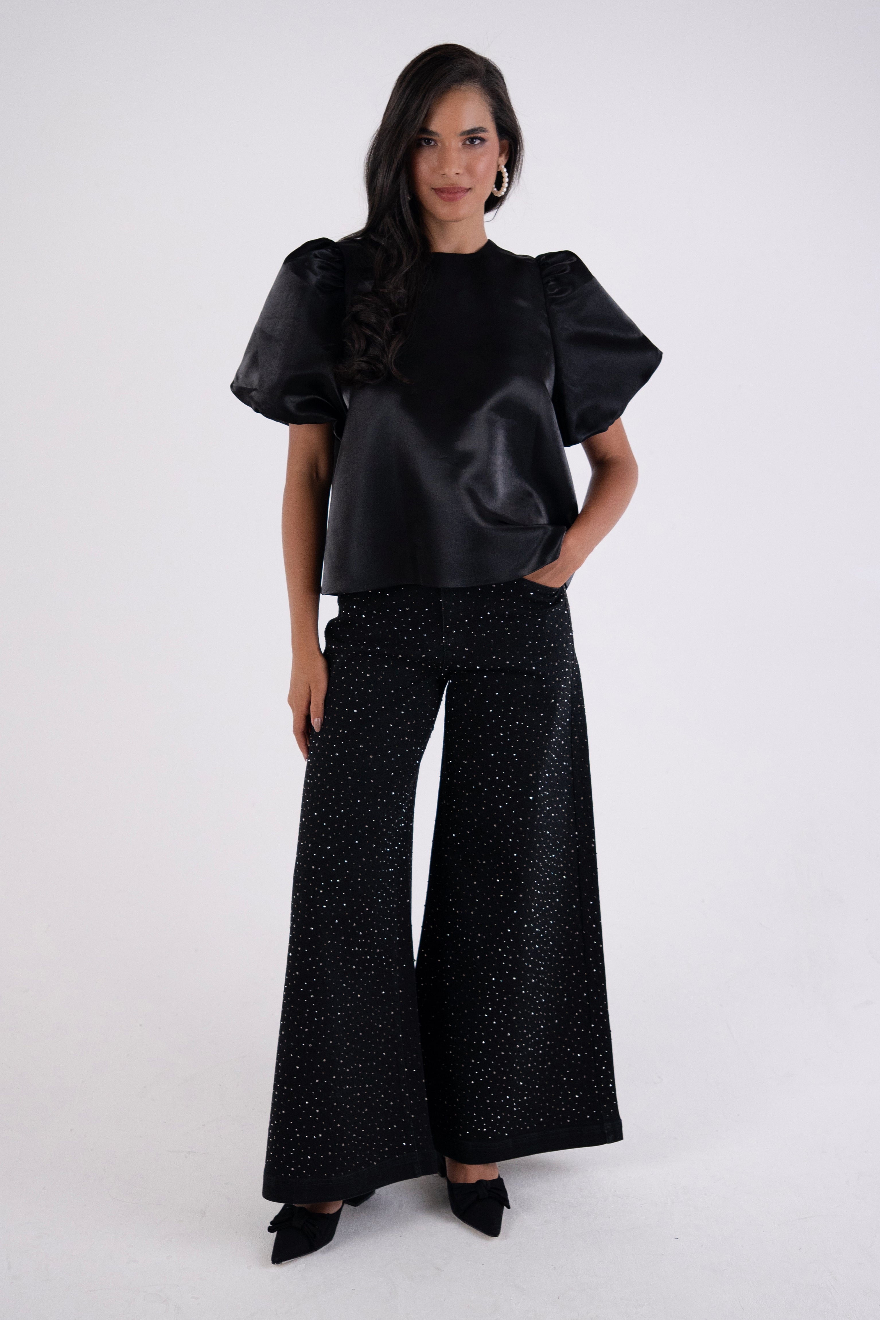 Aurelia Puffball Black High Shine Satin Tie Top