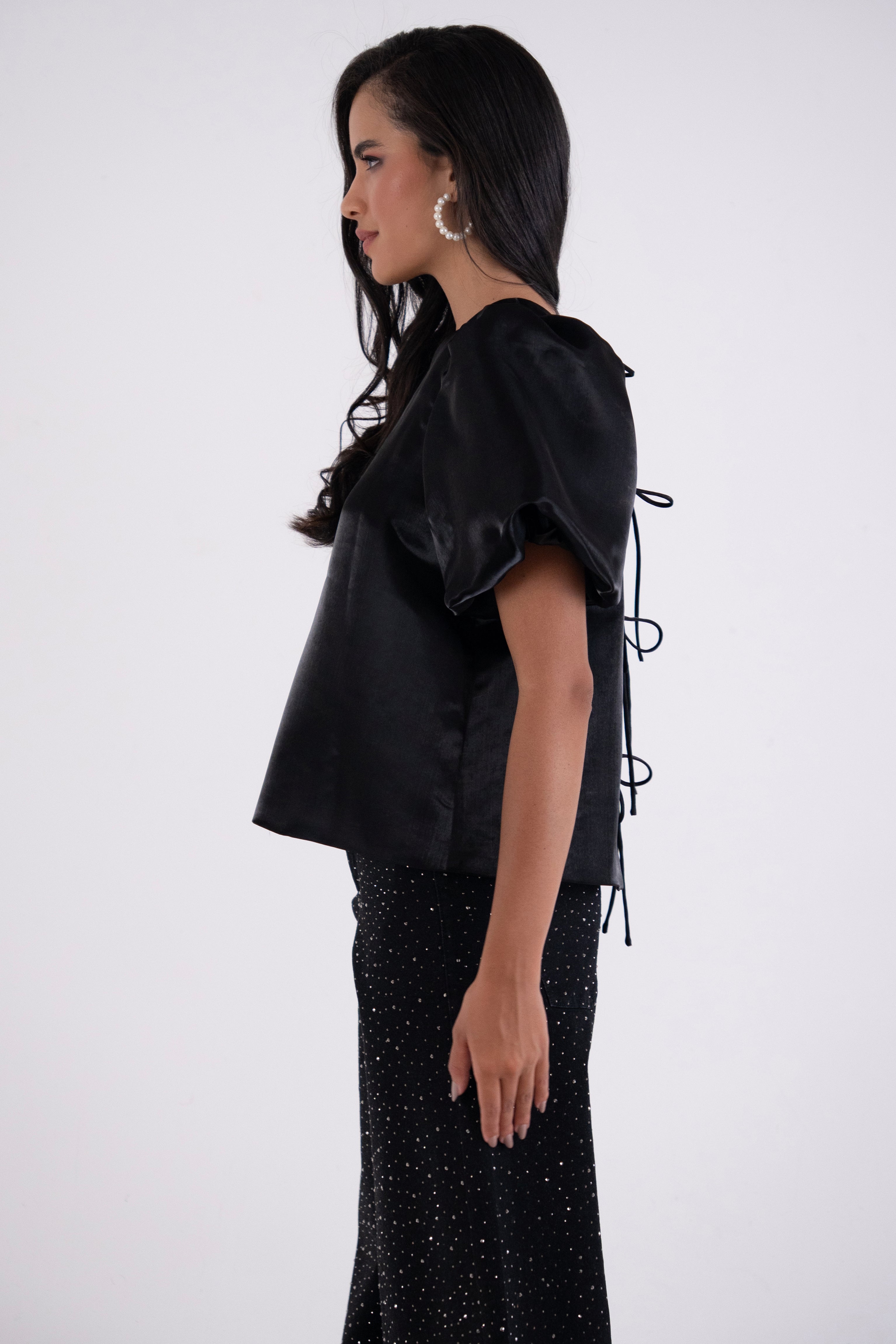Aurelia Puffball Black High Shine Satin Tie Top
