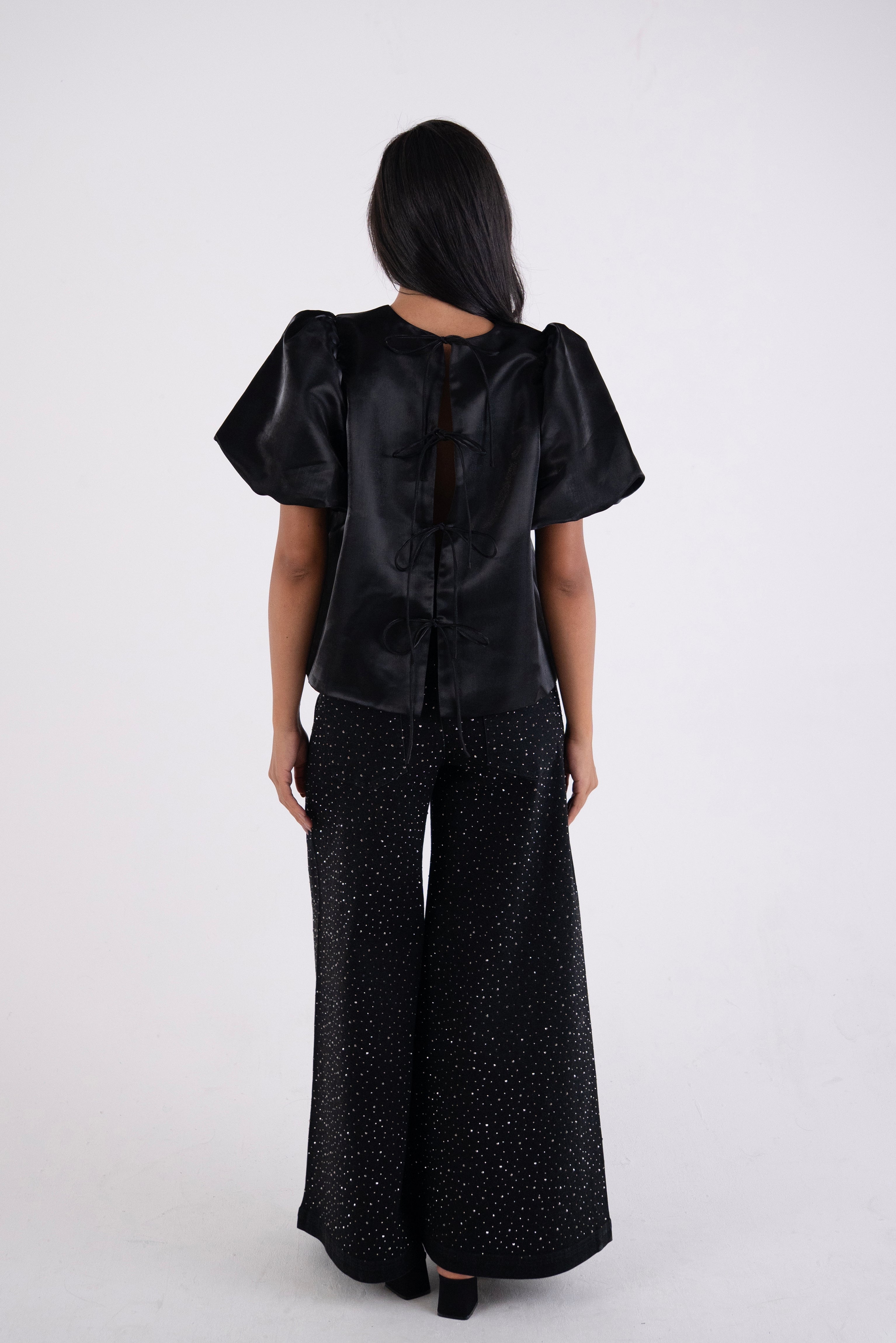 Aurelia Puffball Black High Shine Satin Tie Top