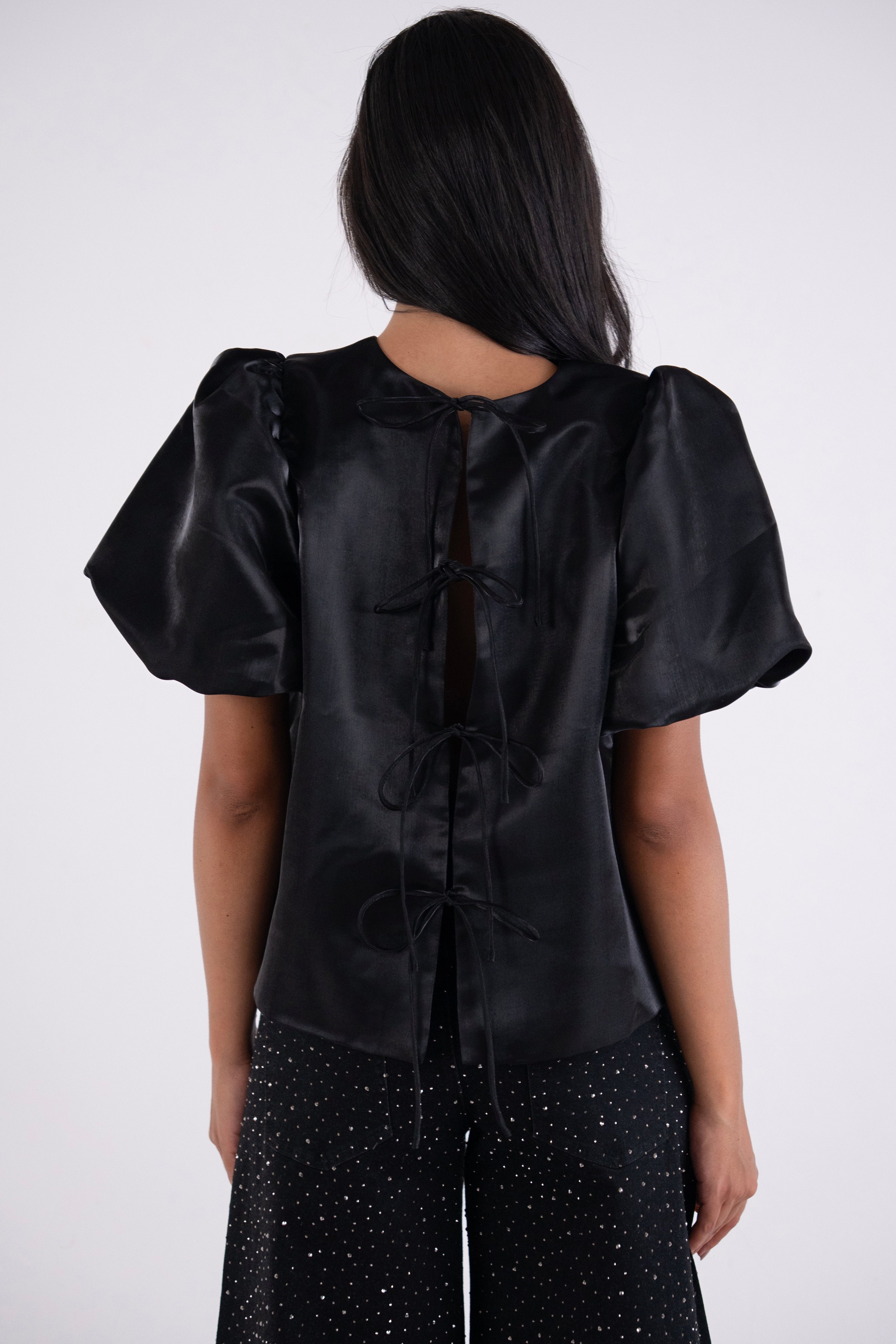 Aurelia Puffball Black High Shine Satin Tie Top