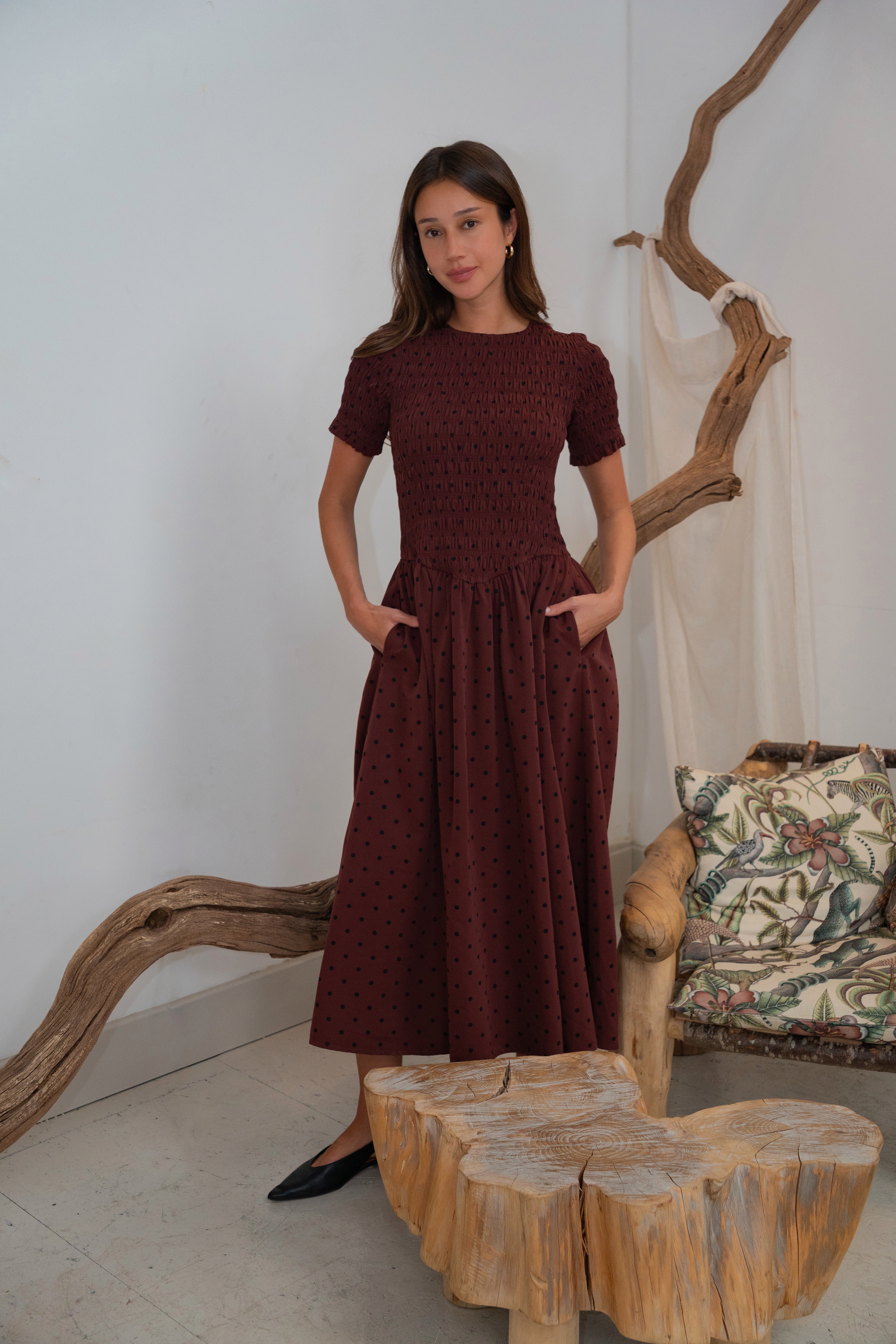 Beatrix Smocked Plum Polka Dot Midi Dress