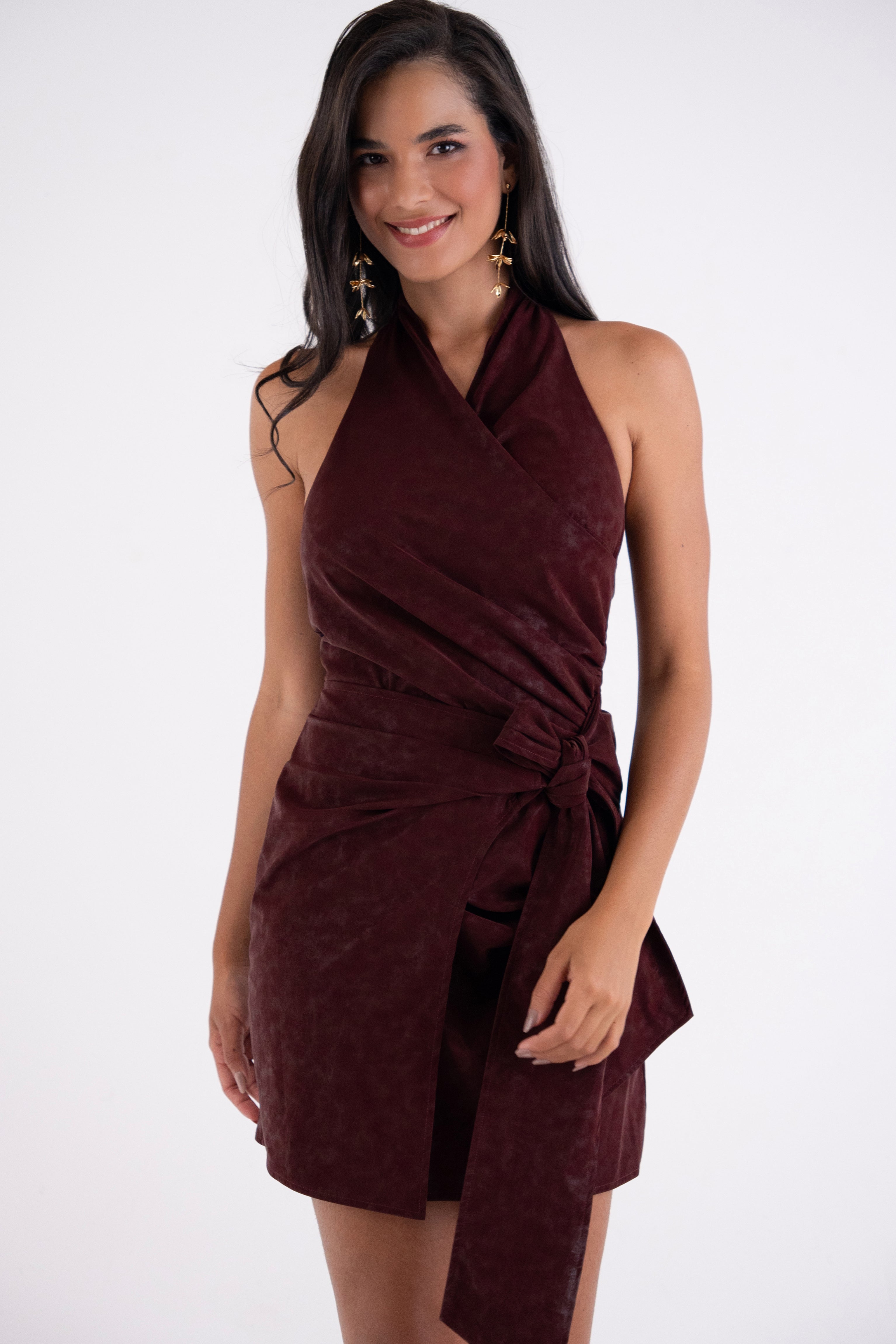 Ingrid Burgundy Soft Touch Wrap Halter Dress
