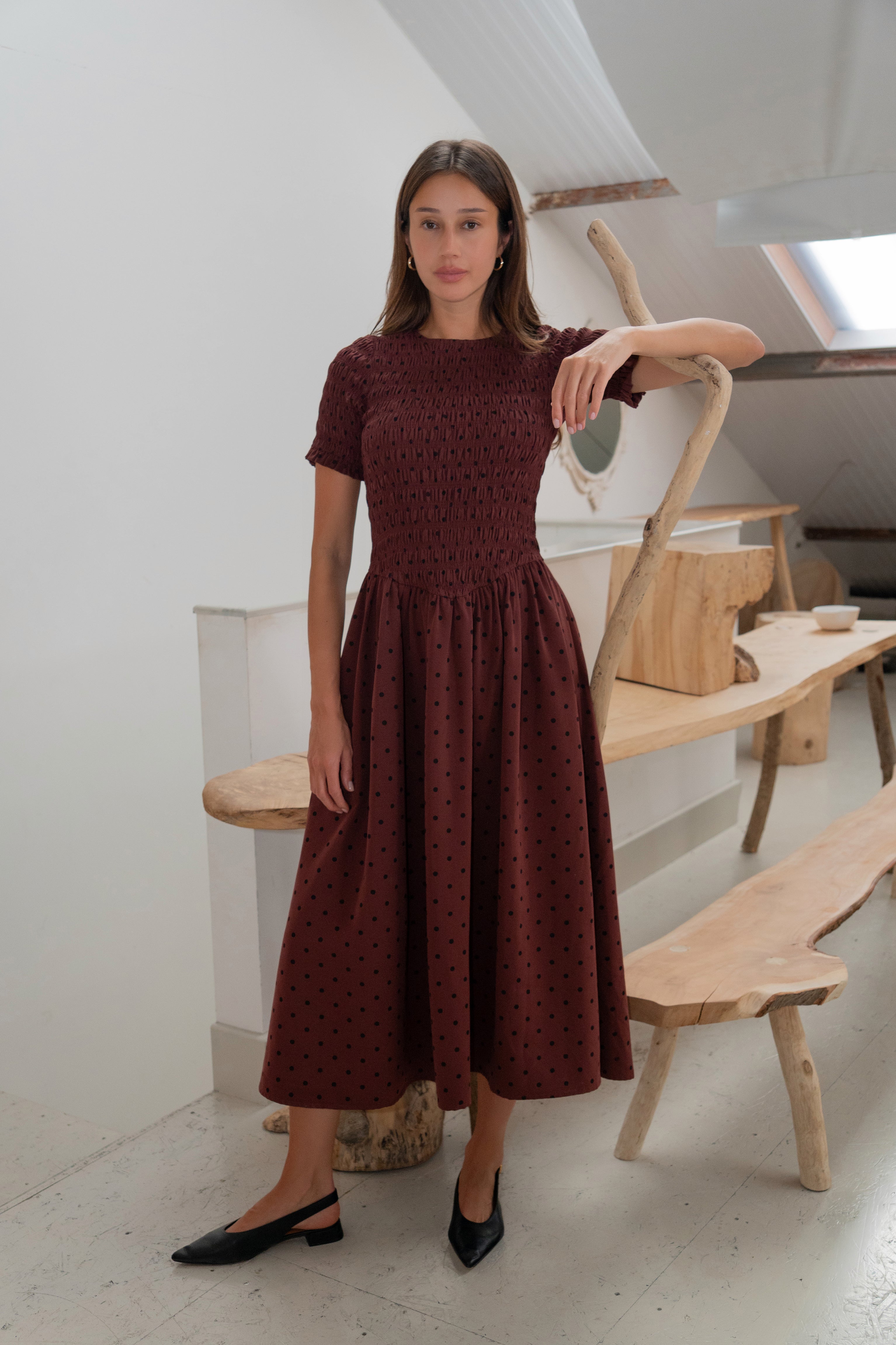 Beatrix Smocked Plum Polka Dot Midi Dress