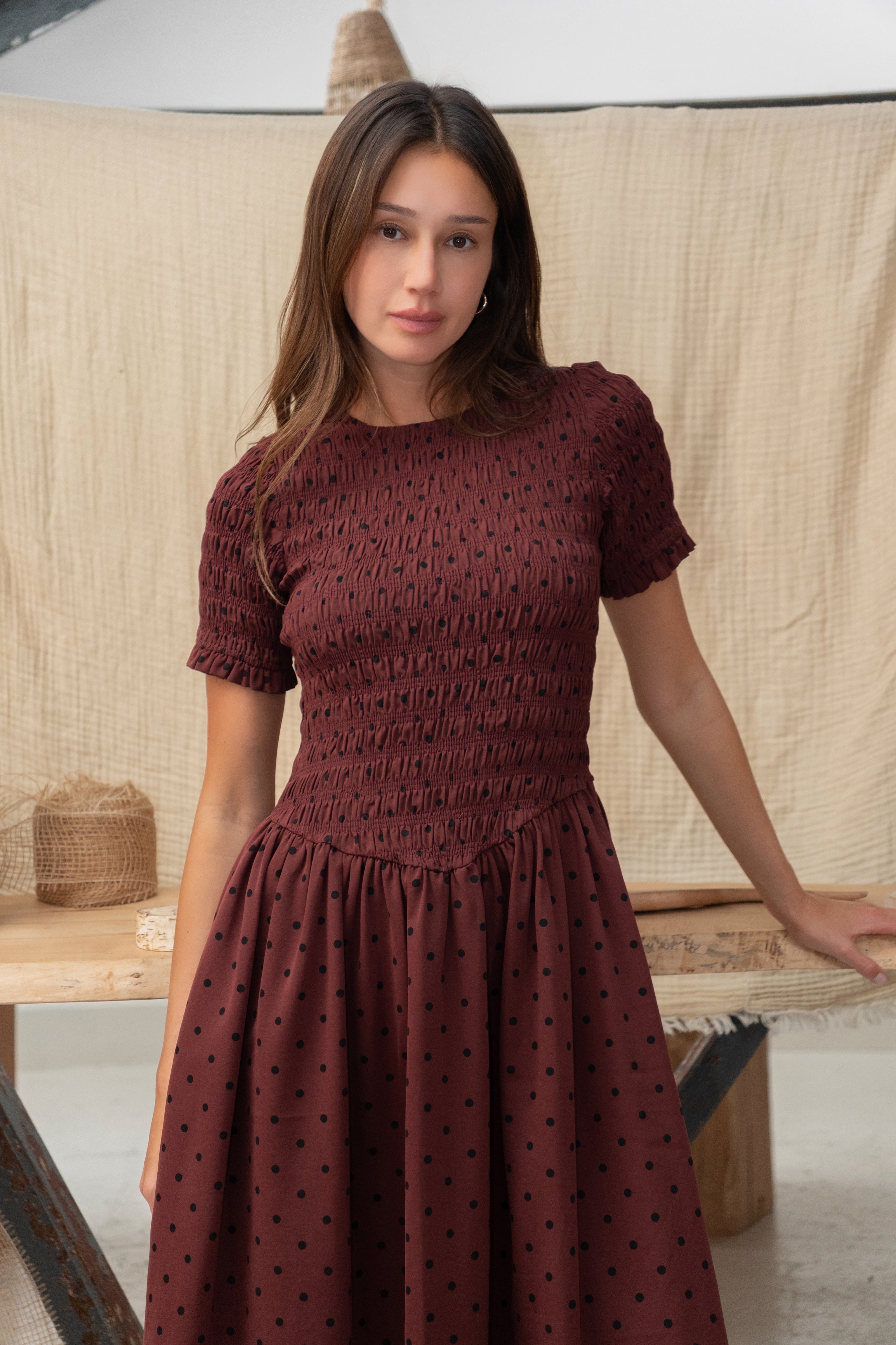 Beatrix Smocked Plum Polka Dot Midi Dress