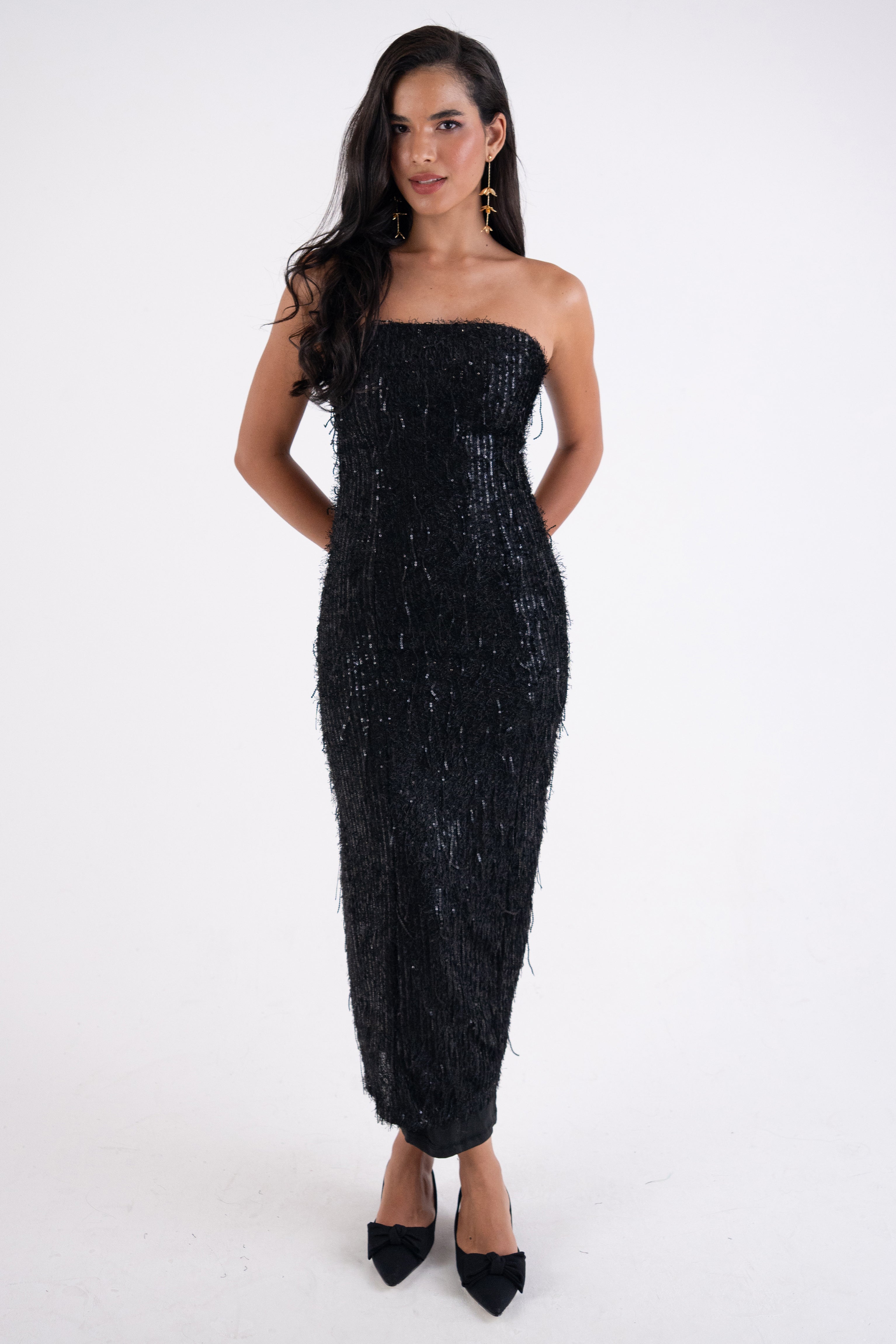 Uma Black Fringe Sequin Maxi Dress