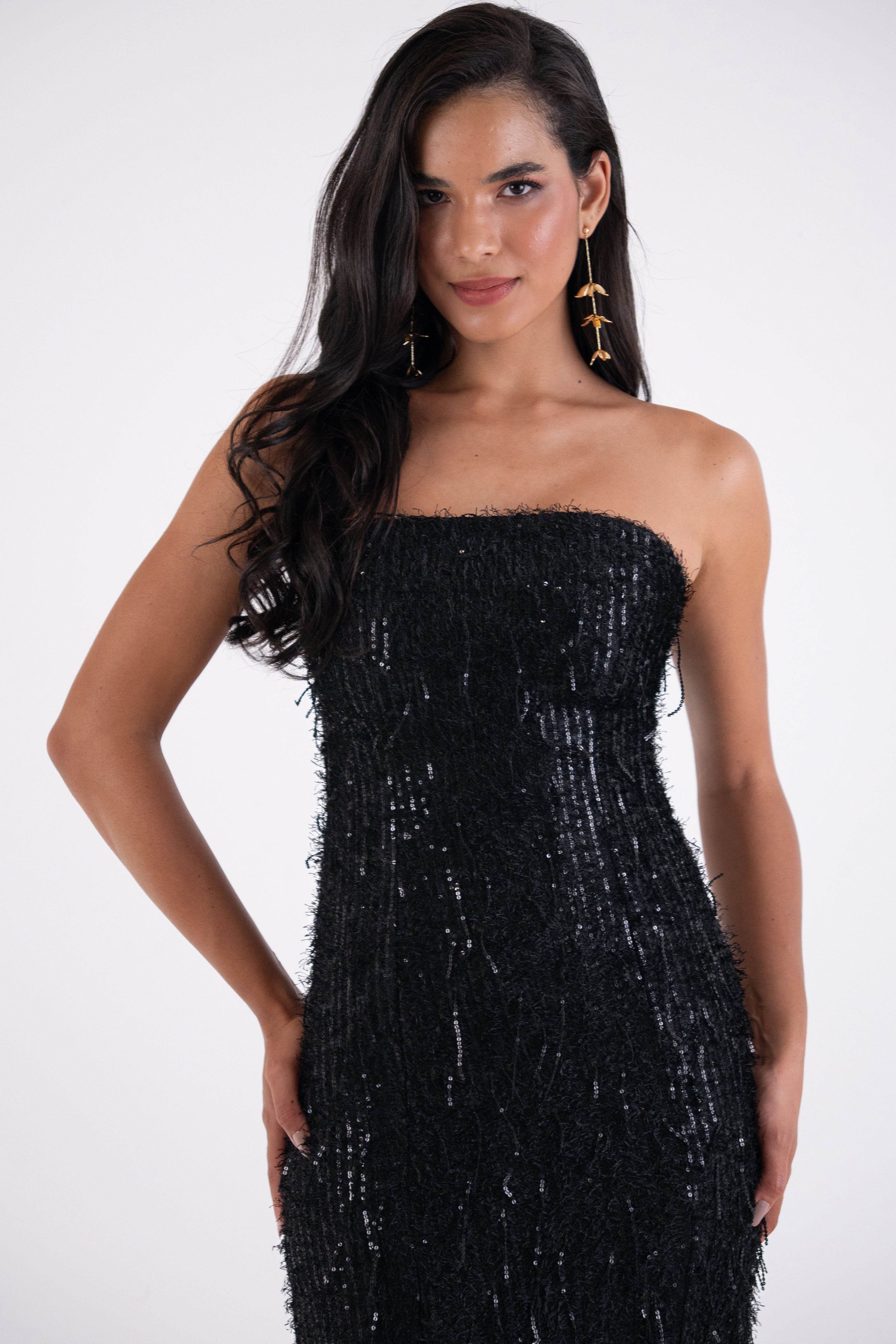 Uma Black Fringe Sequin Maxi Dress