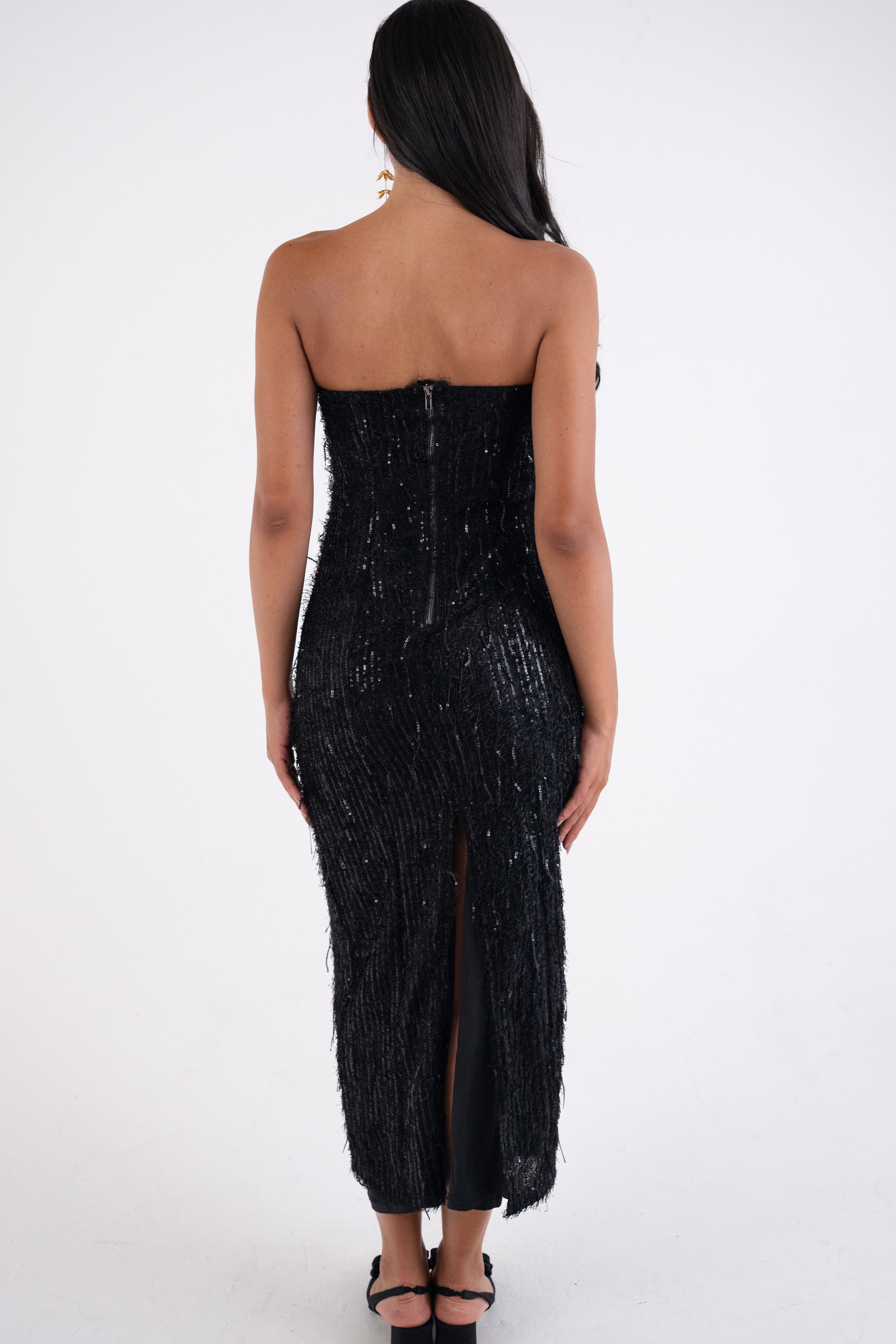 Uma Black Fringe Sequin Maxi Dress