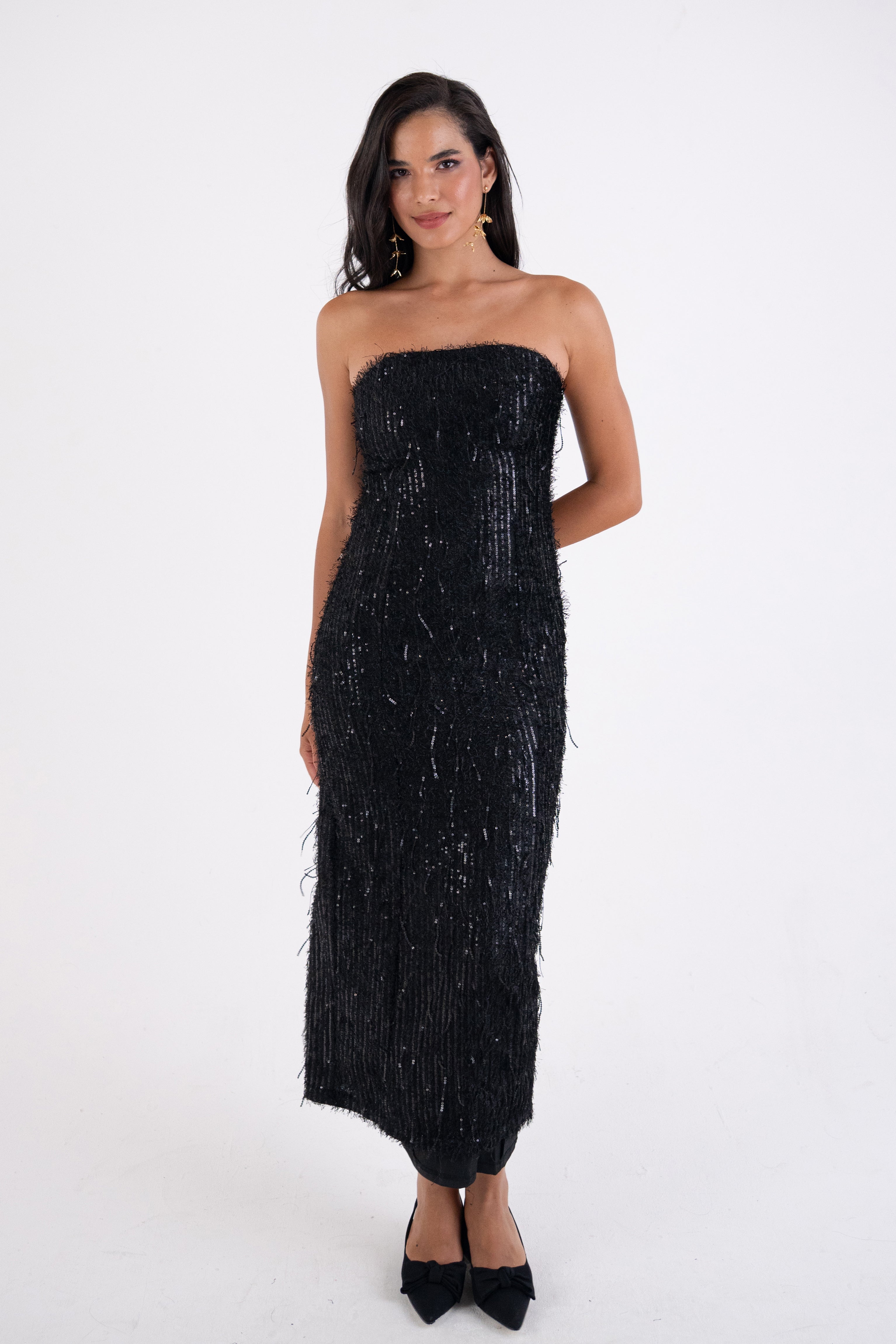 Uma Black Fringe Sequin Maxi Dress