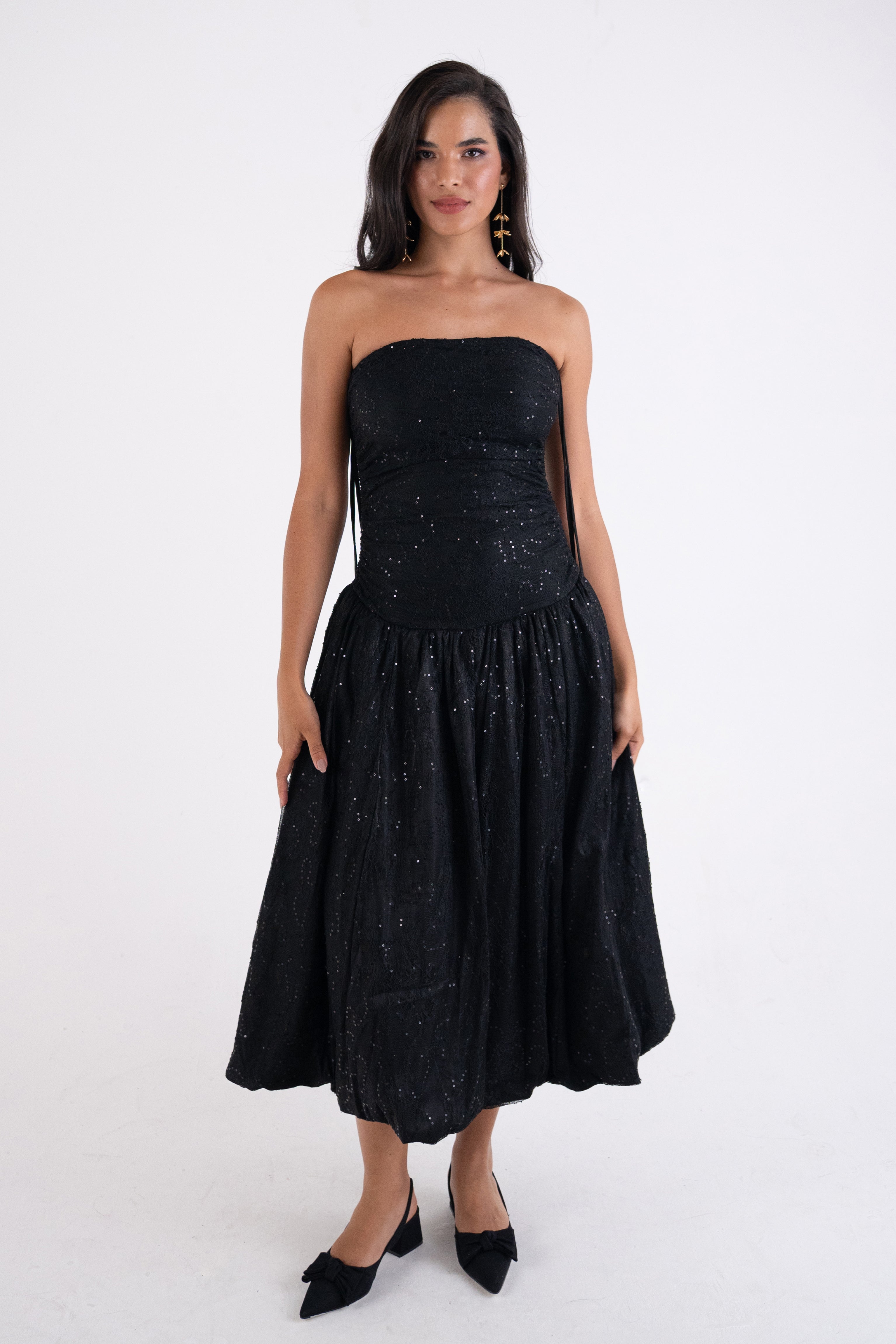 Alexa Black Lace Sequin Puffball Dress