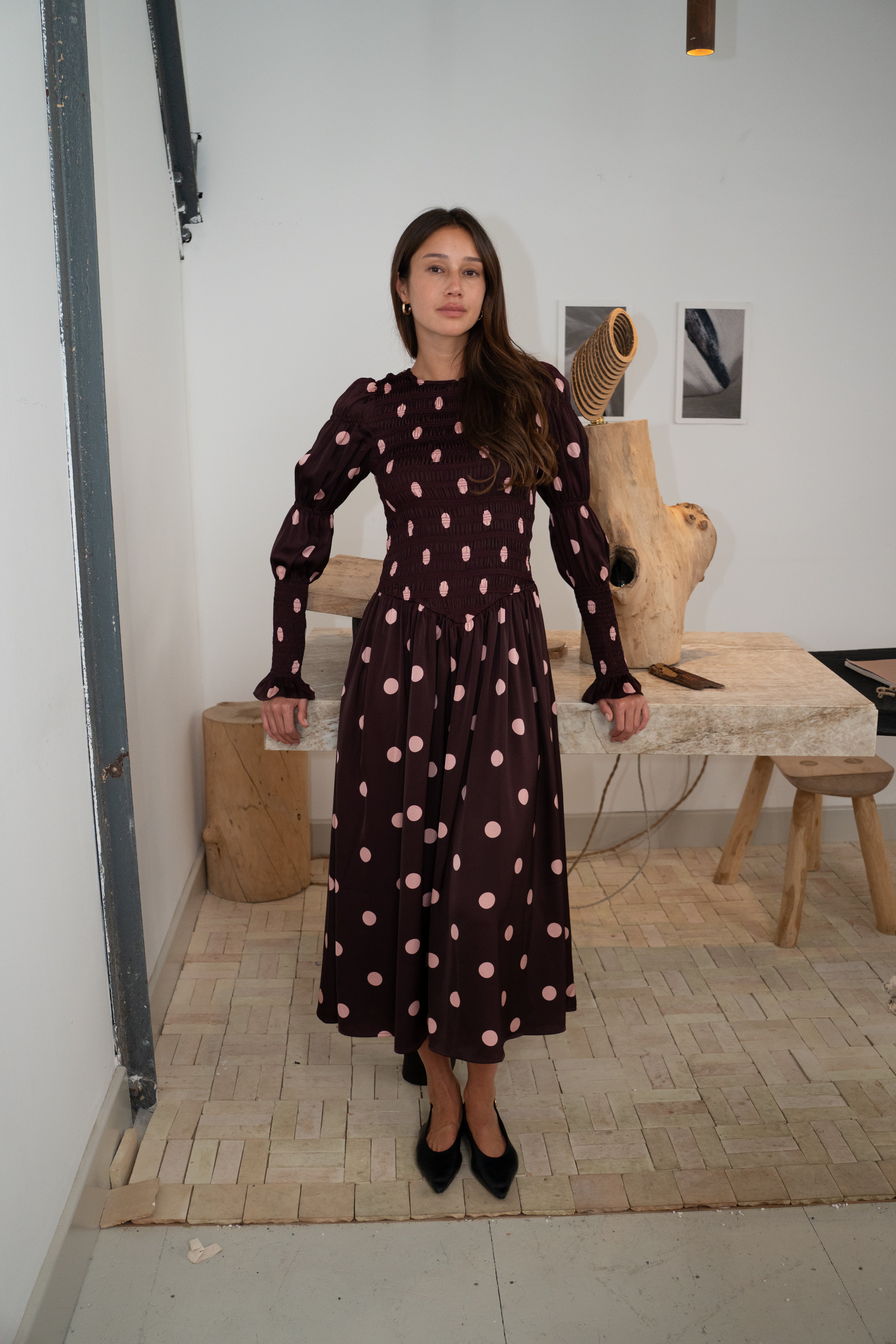 Mabel Polka Dot Satin Smocked Longsleeve Midaxi Dress