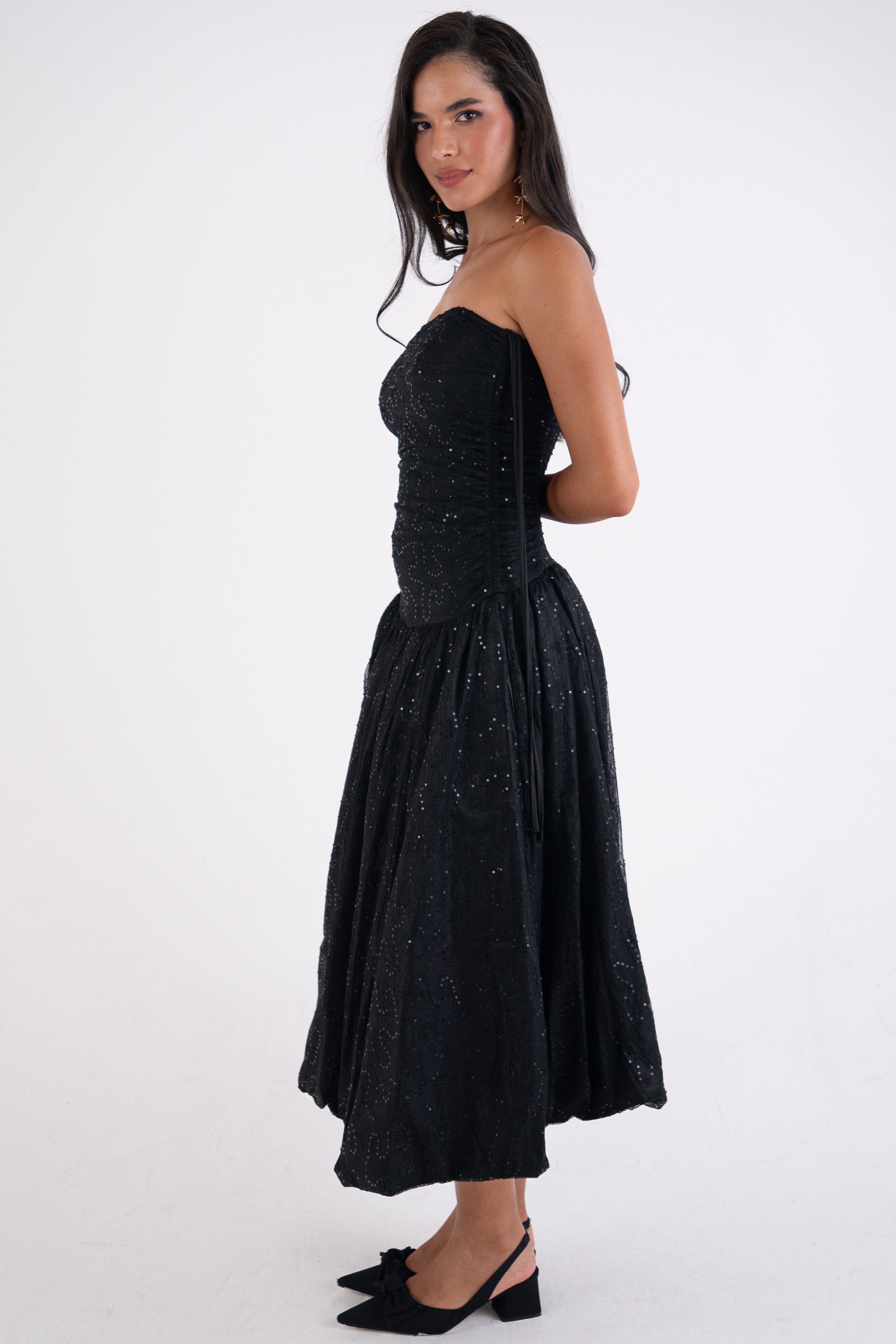 Alexa Black Lace Sequin Puffball Dress