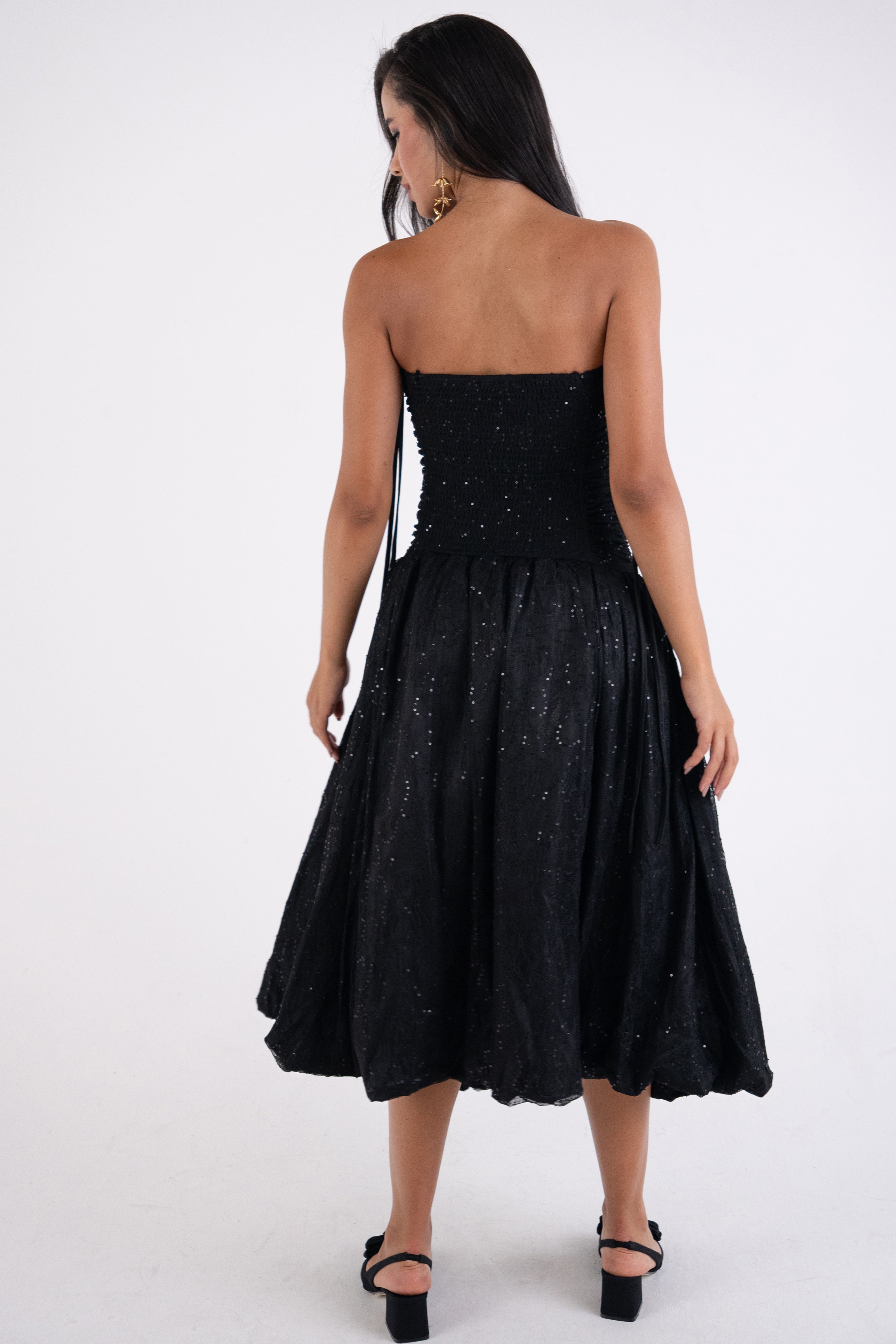 Alexa Black Lace Sequin Puffball Dress