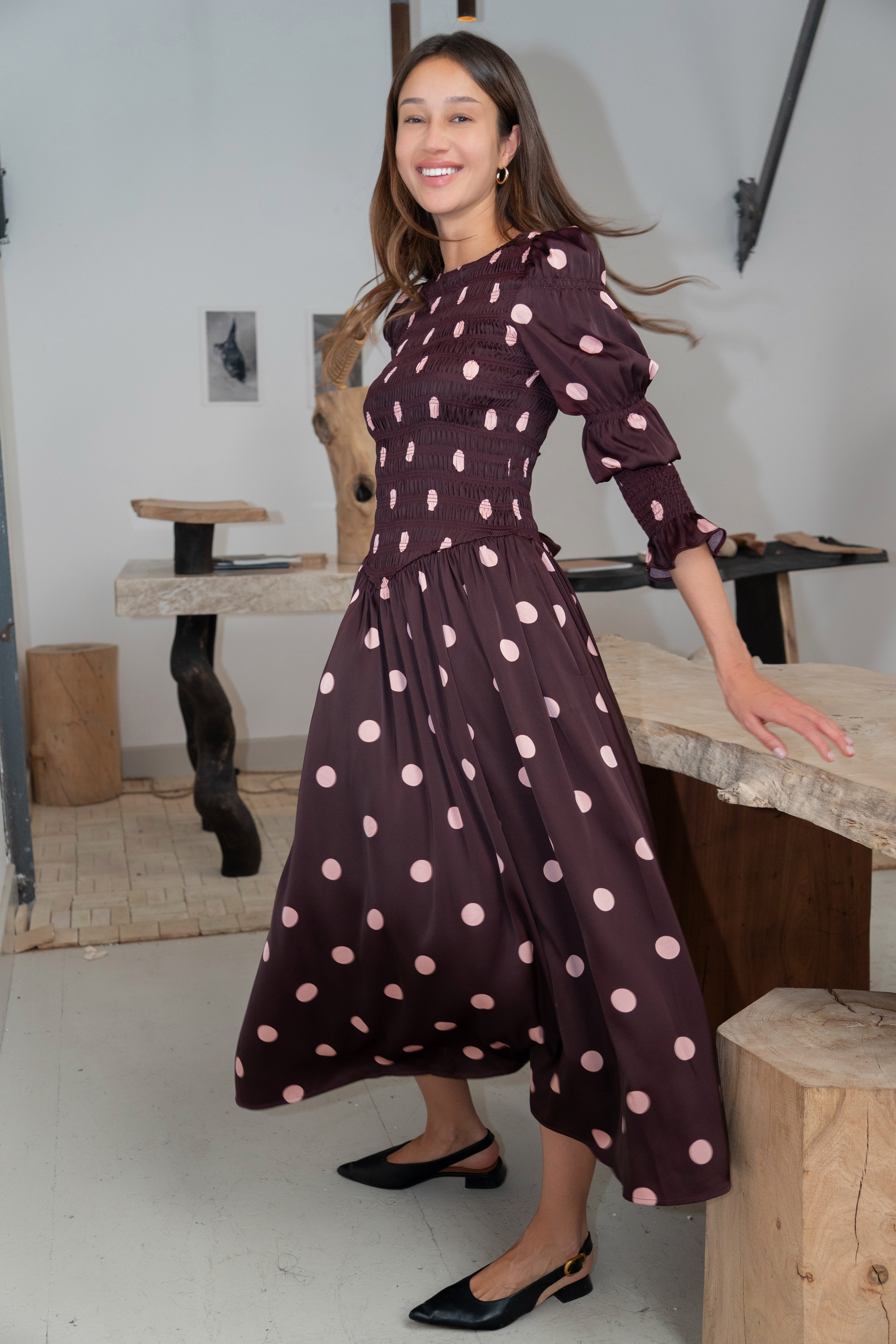 Mabel Polka Dot Satin Smocked Longsleeve Midaxi Dress