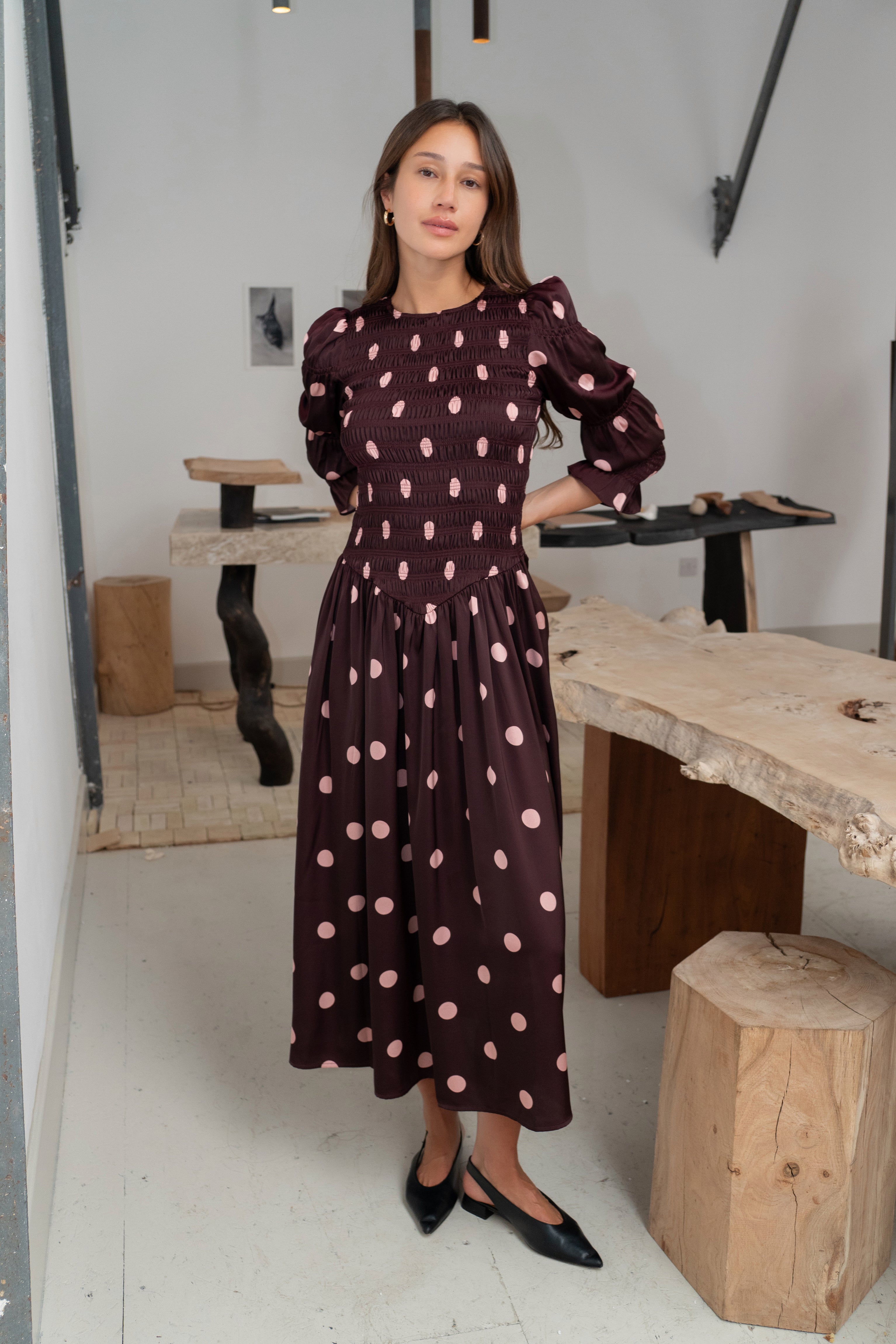 Mabel Polka Dot Satin Smocked Longsleeve Midaxi Dress