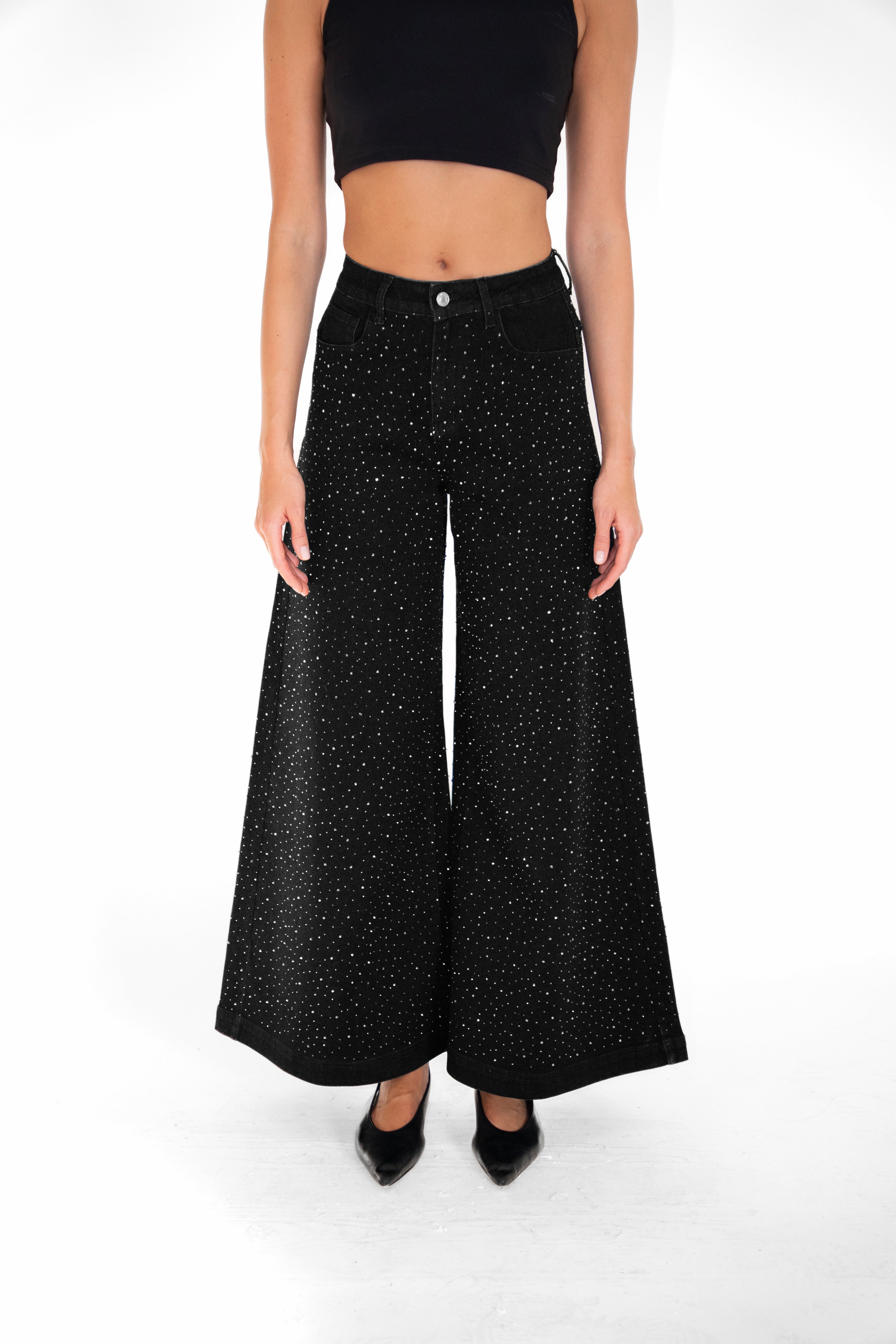 Demi Rich Cotton Black Diamante Flare Jeans