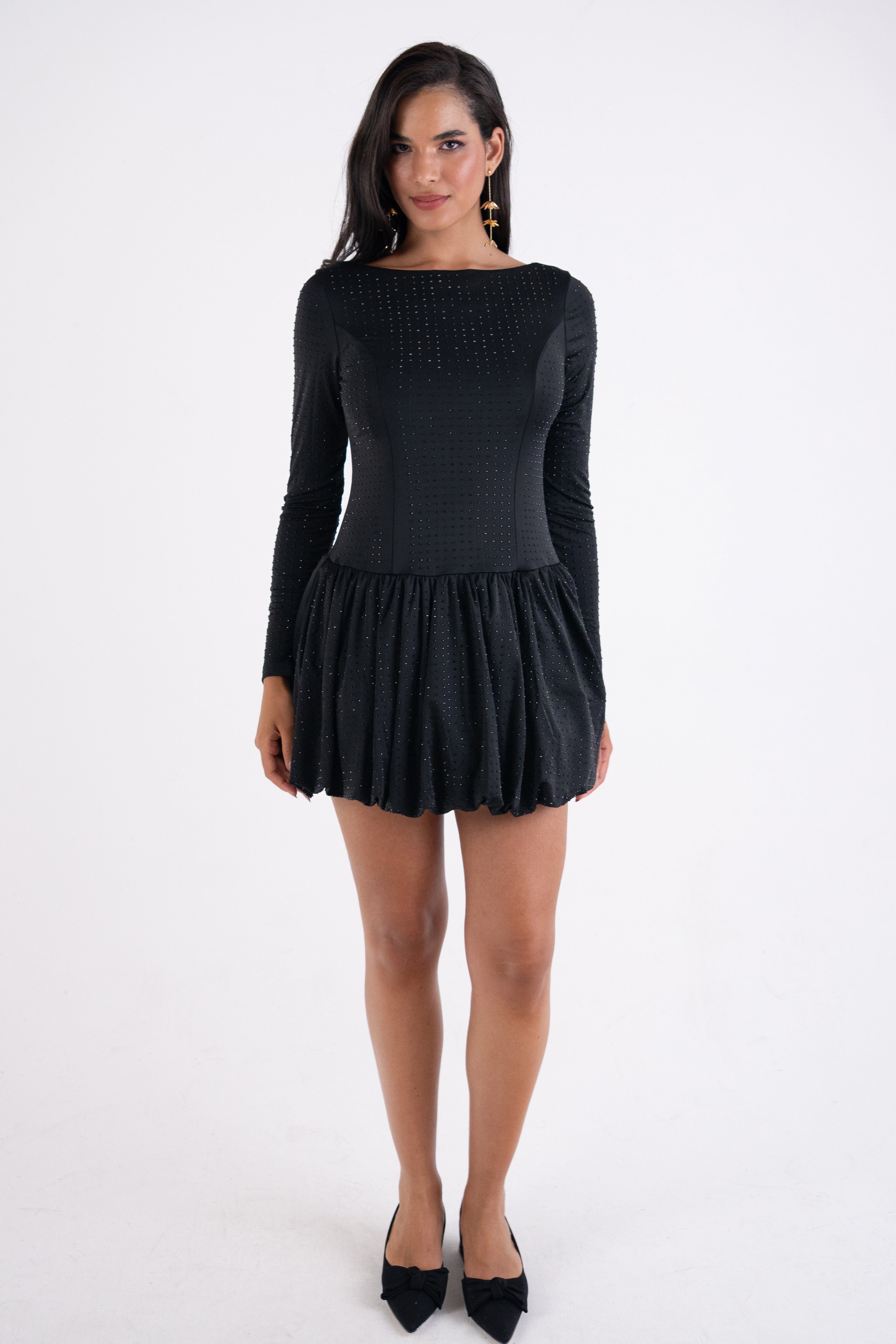 Deva Black Embellished Puffball Mini Dress