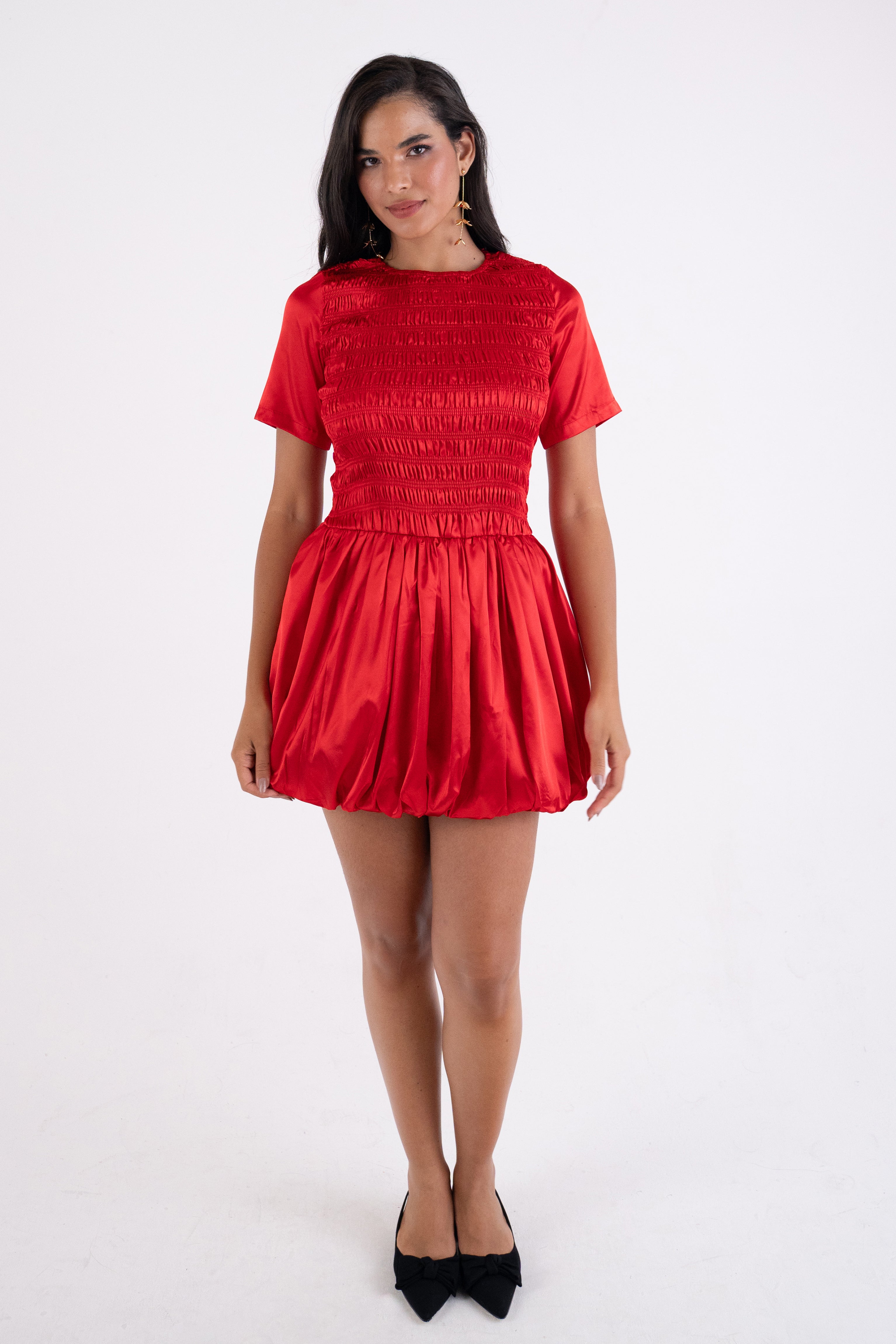 Eleanor Red Satin Puffball Ultra Mini Dress