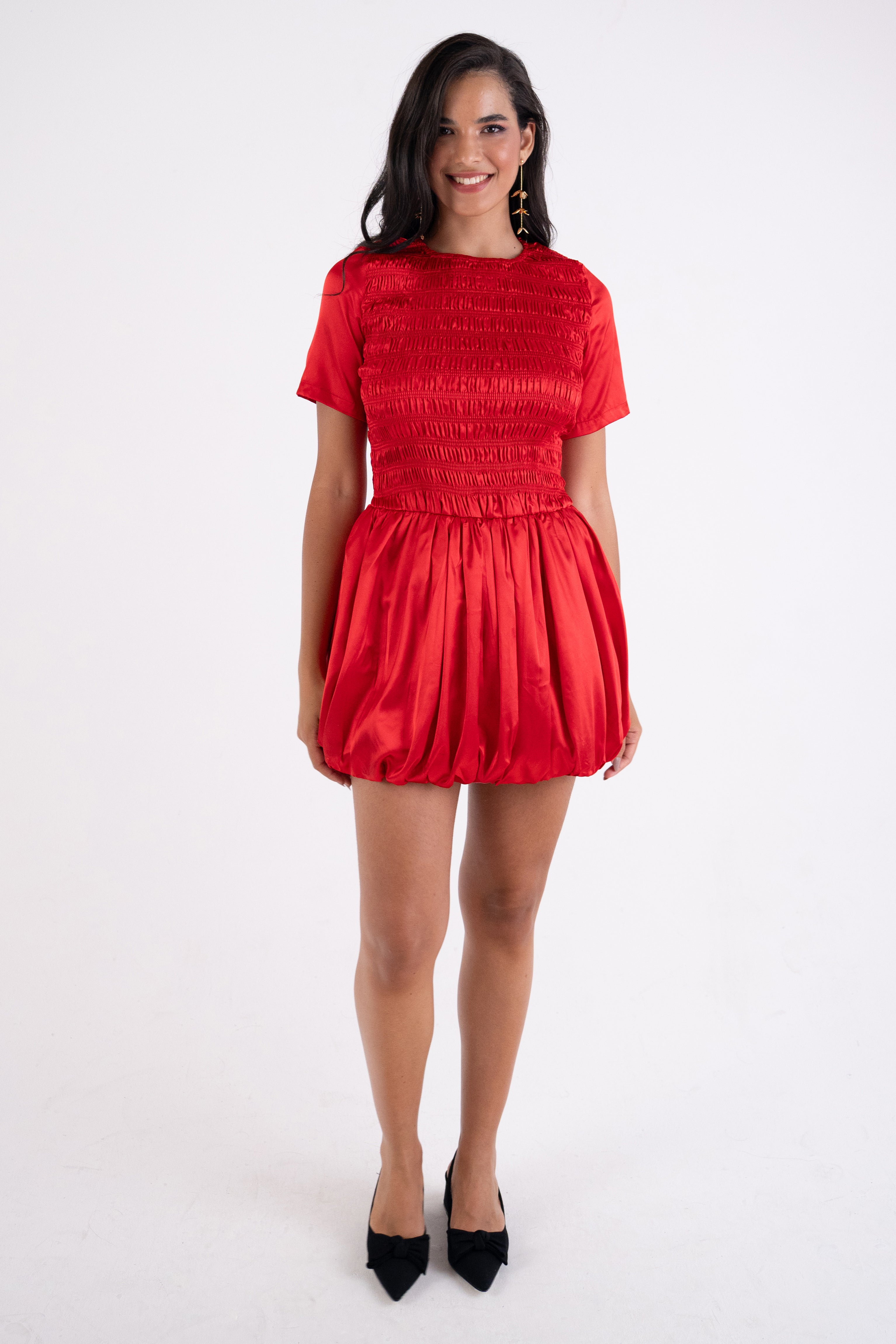 Eleanor Red Satin Puffball Ultra Mini Dress
