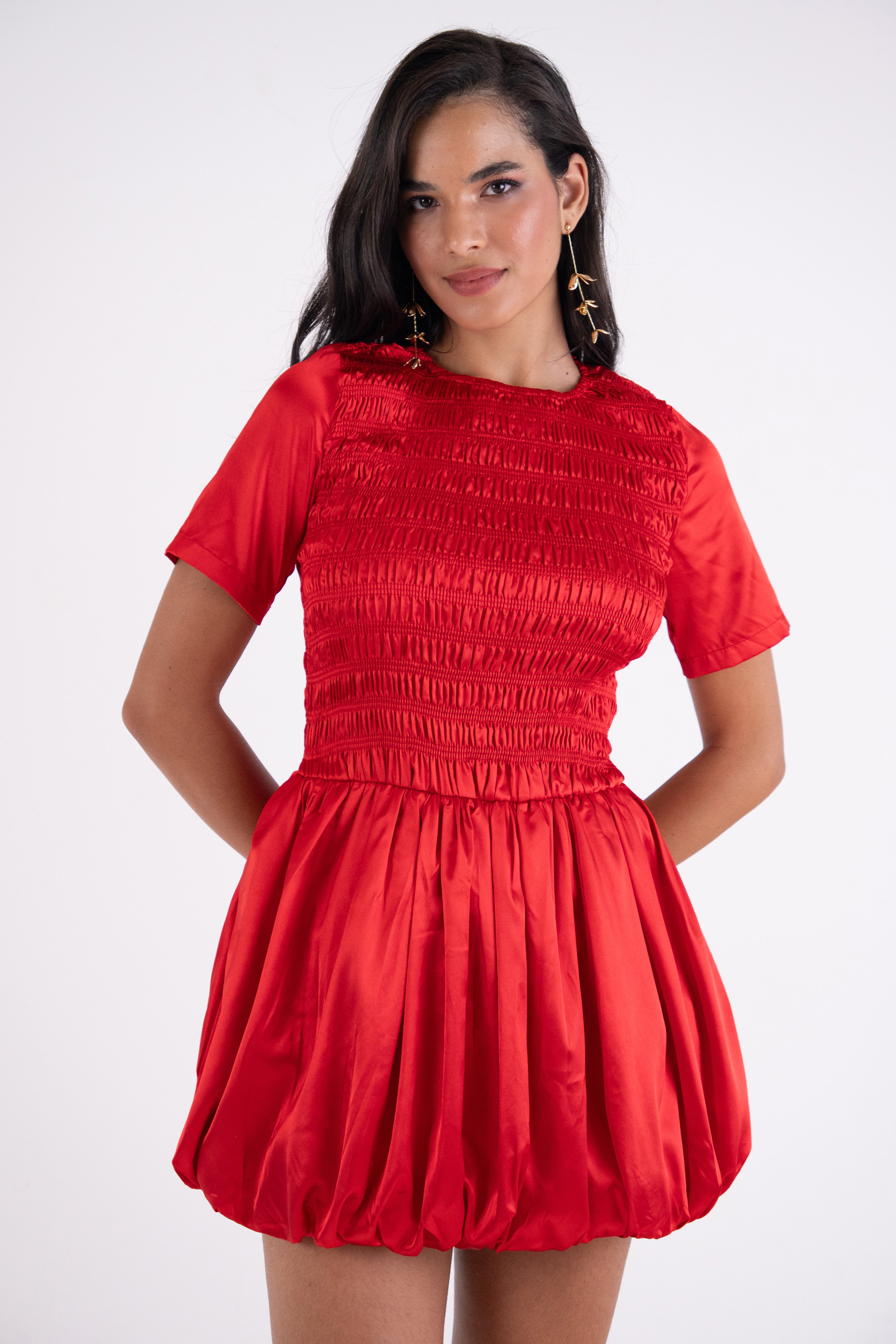 Eleanor Red Satin Puffball Ultra Mini Dress