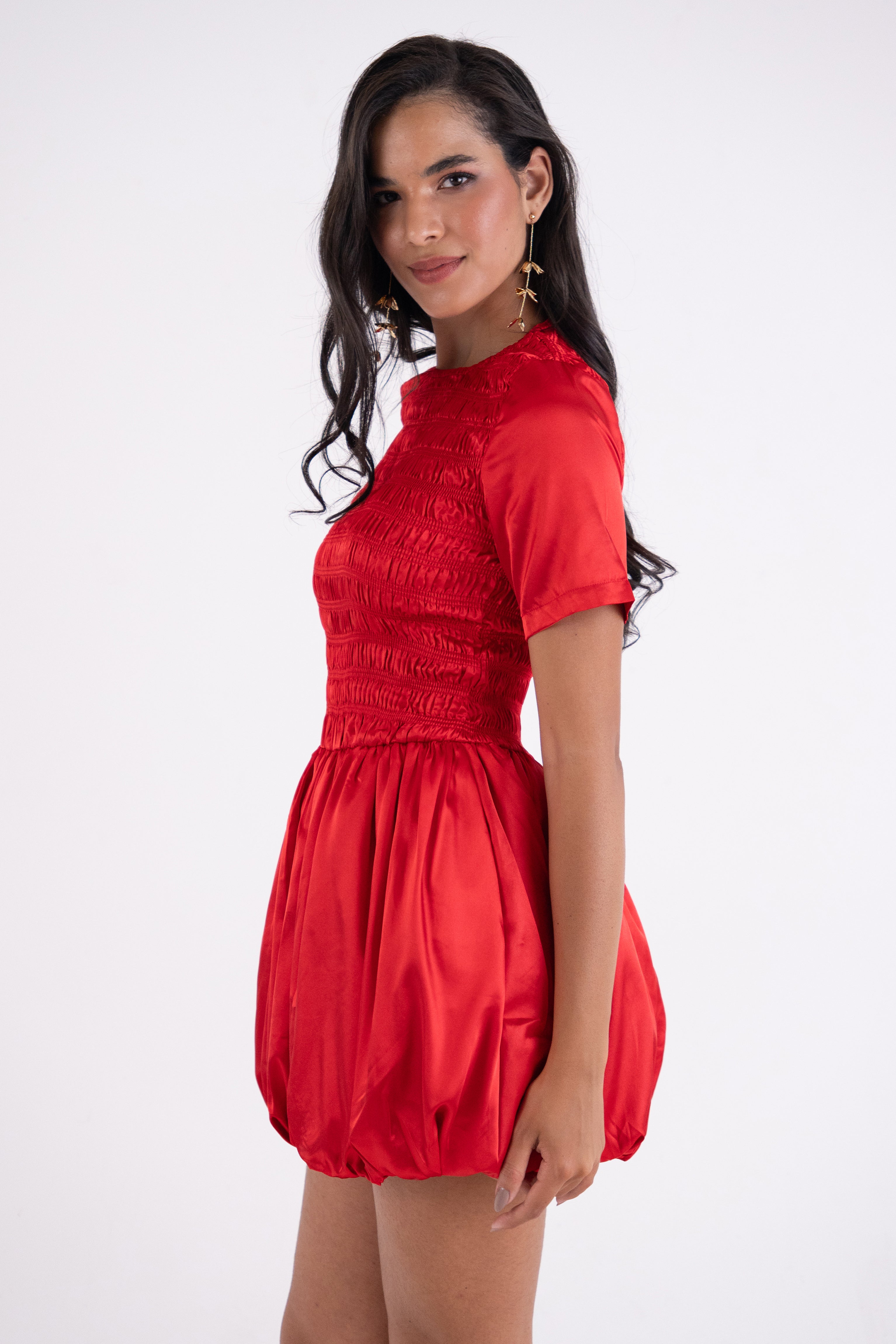 Eleanor Red Satin Puffball Ultra Mini Dress