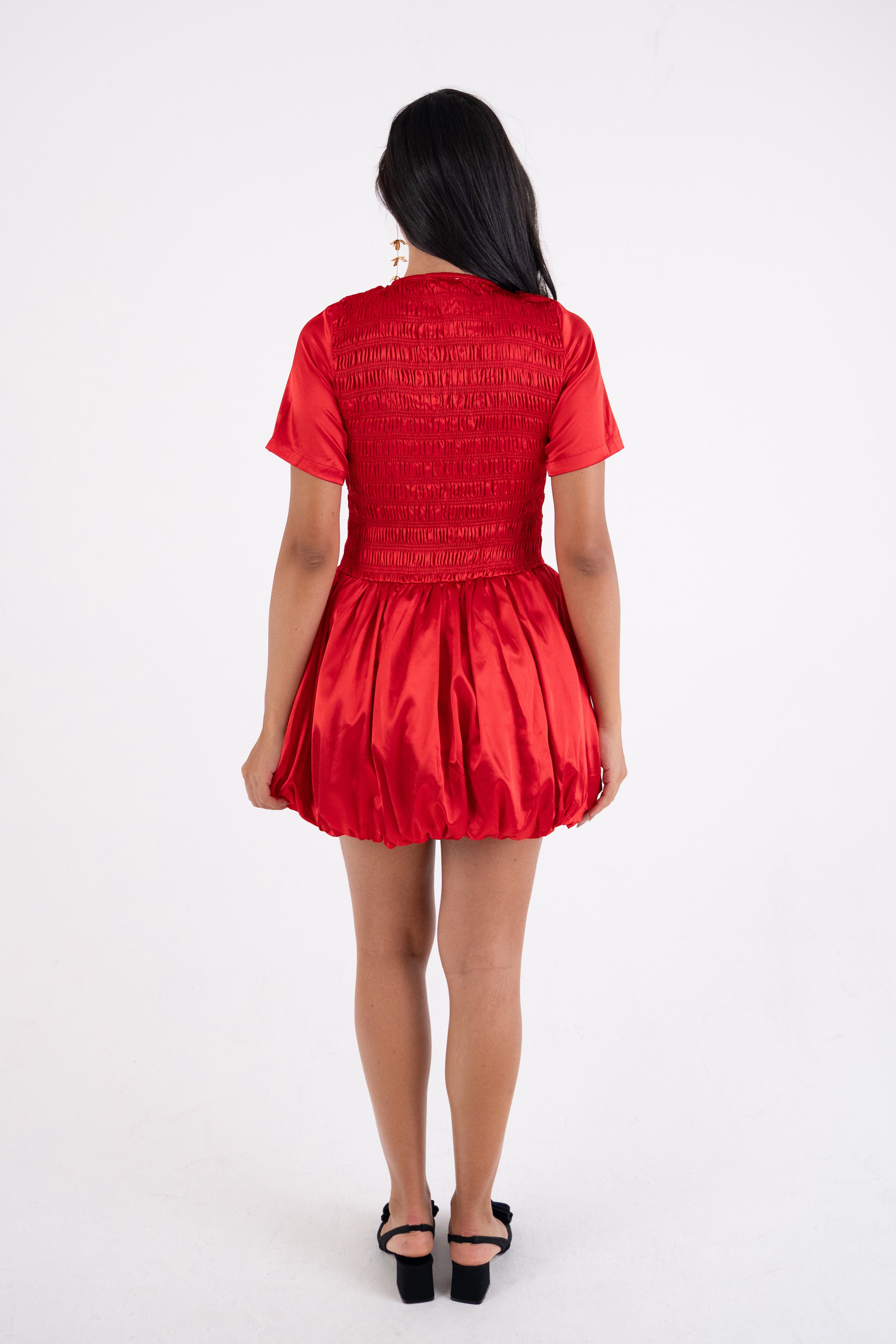 Eleanor Red Satin Puffball Ultra Mini Dress