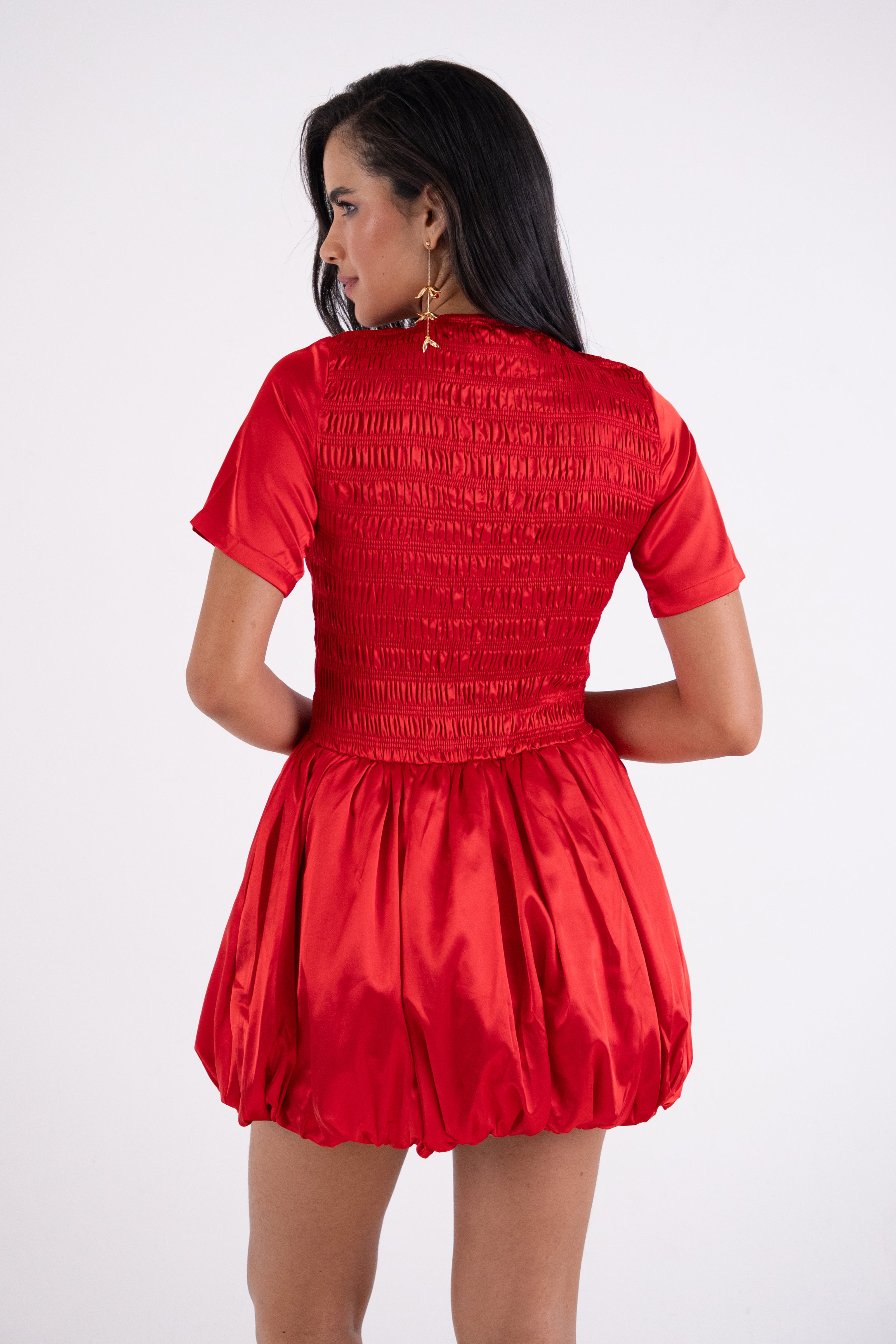 Eleanor Red Satin Puffball Ultra Mini Dress