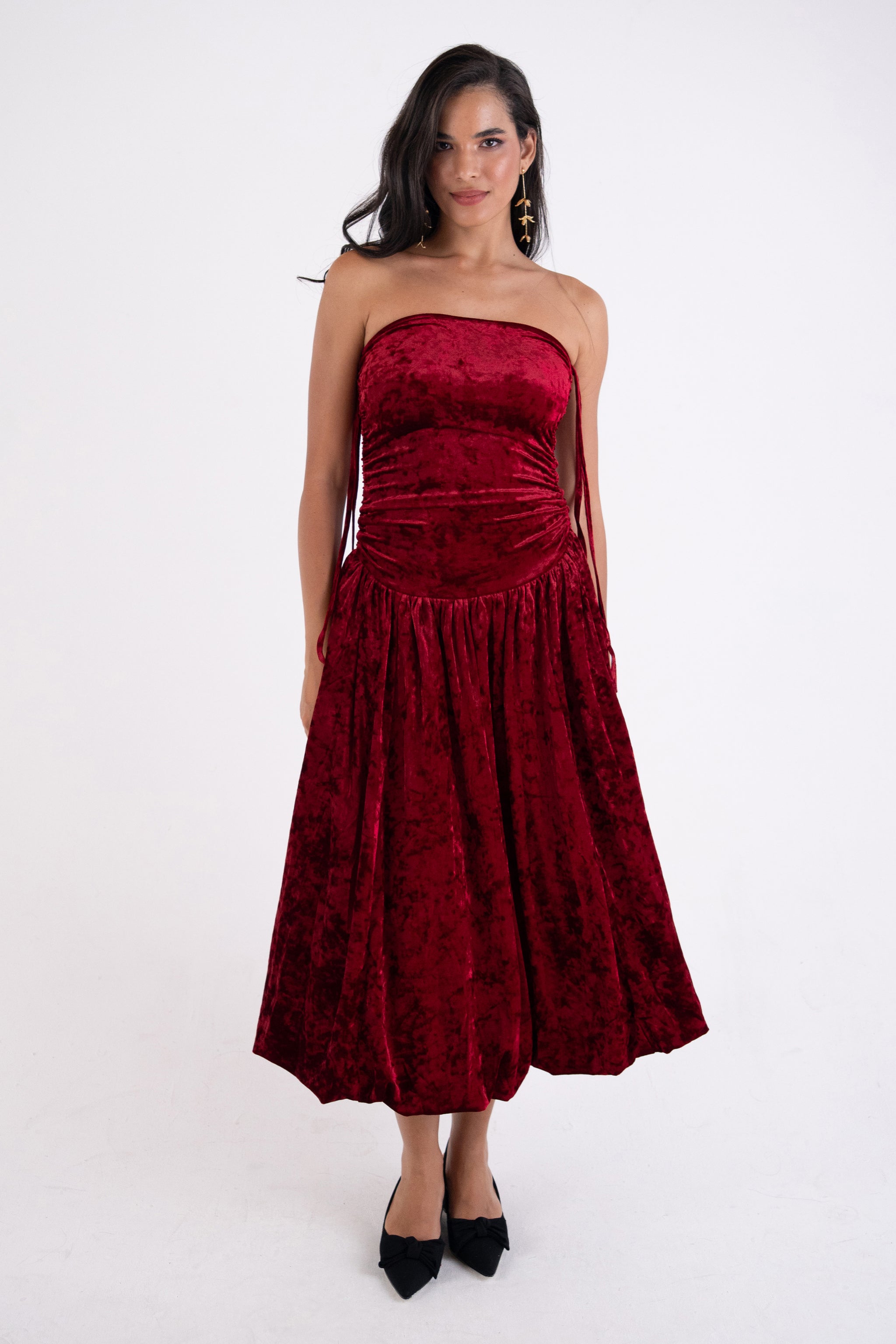 Alexa Drop Waist Dress with Satin Puffball Skirt in Dark Red Velvet