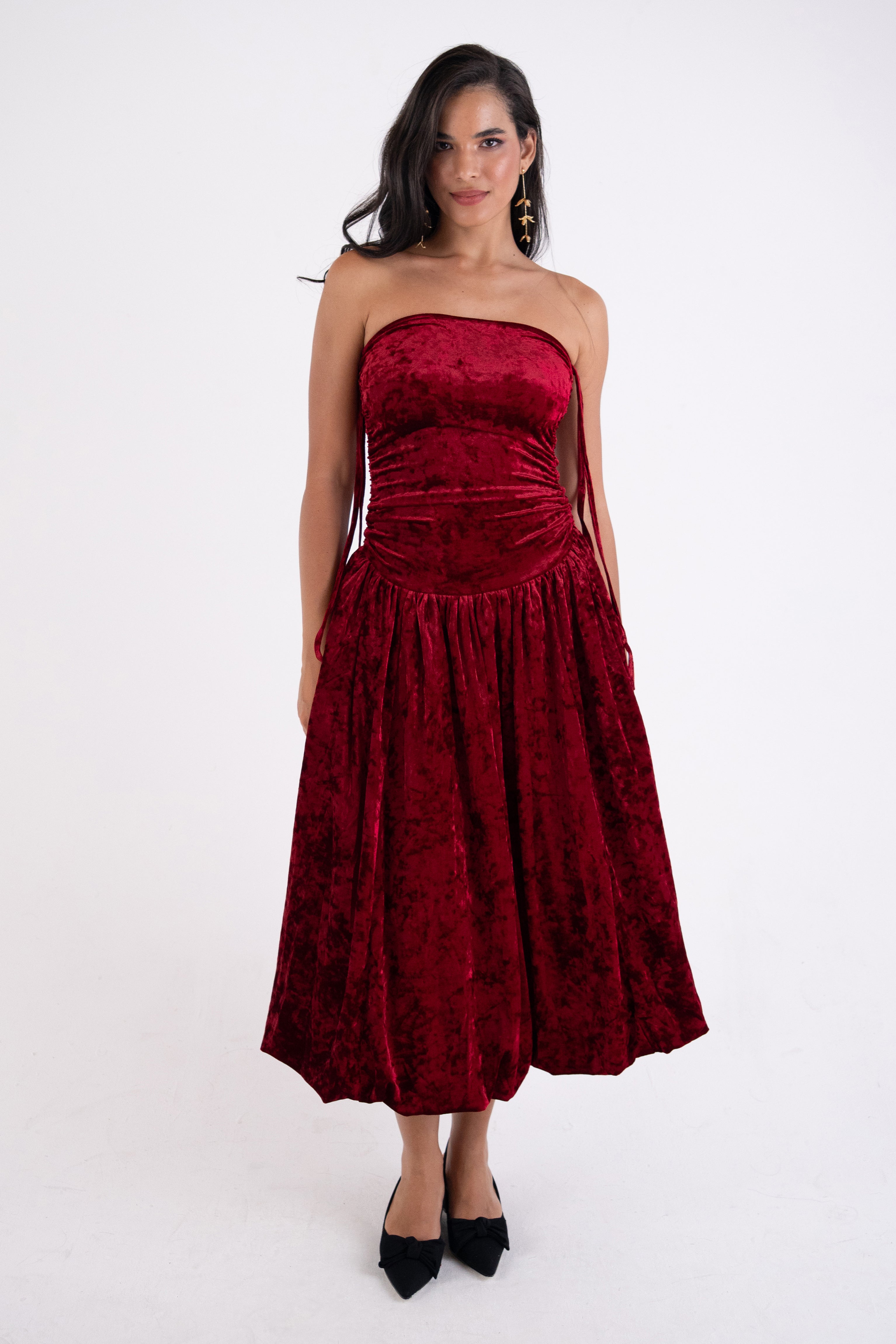 Alexa Dark Red Velvet Puffball Dress