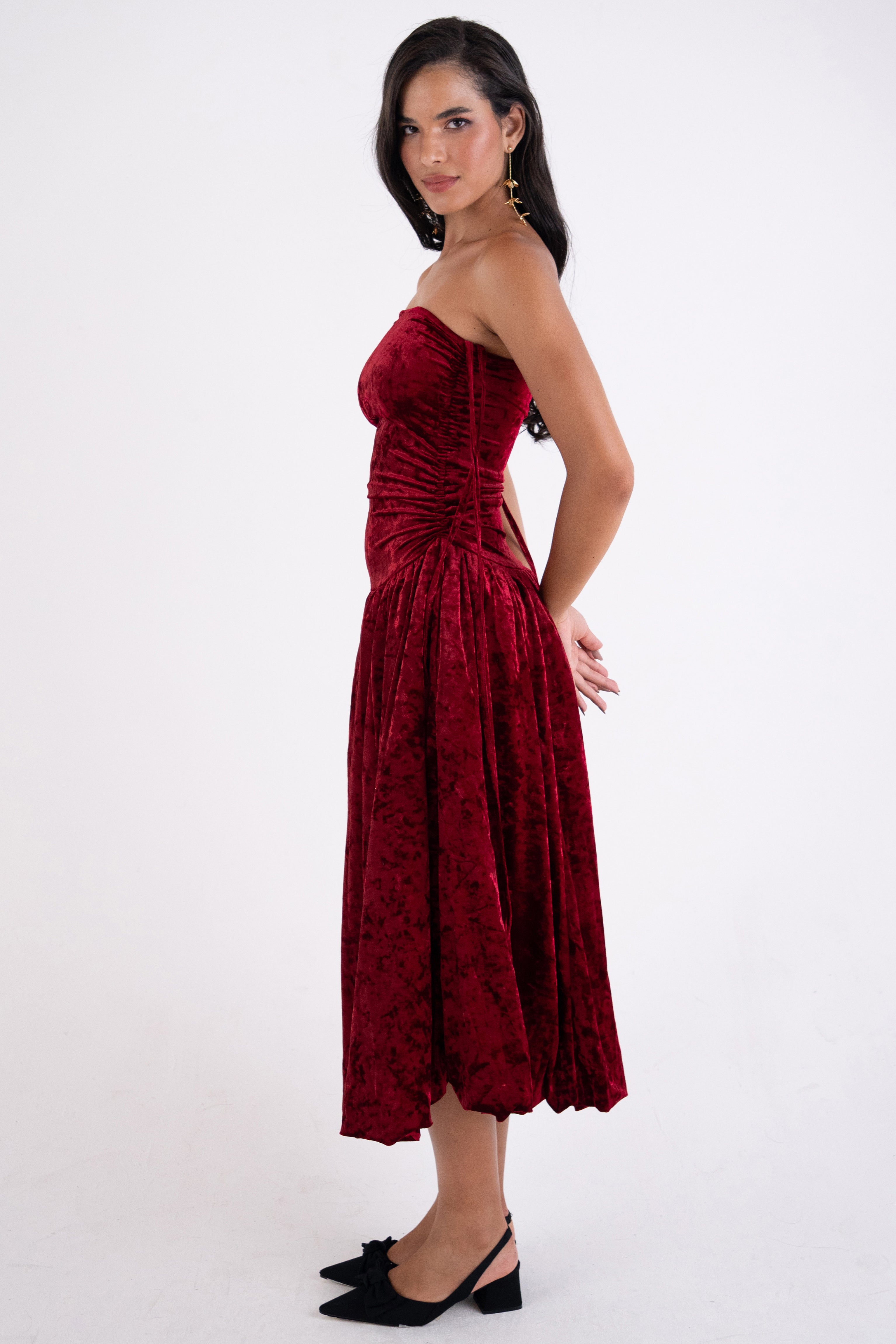 Alexa Dark Red Velvet Puffball Dress