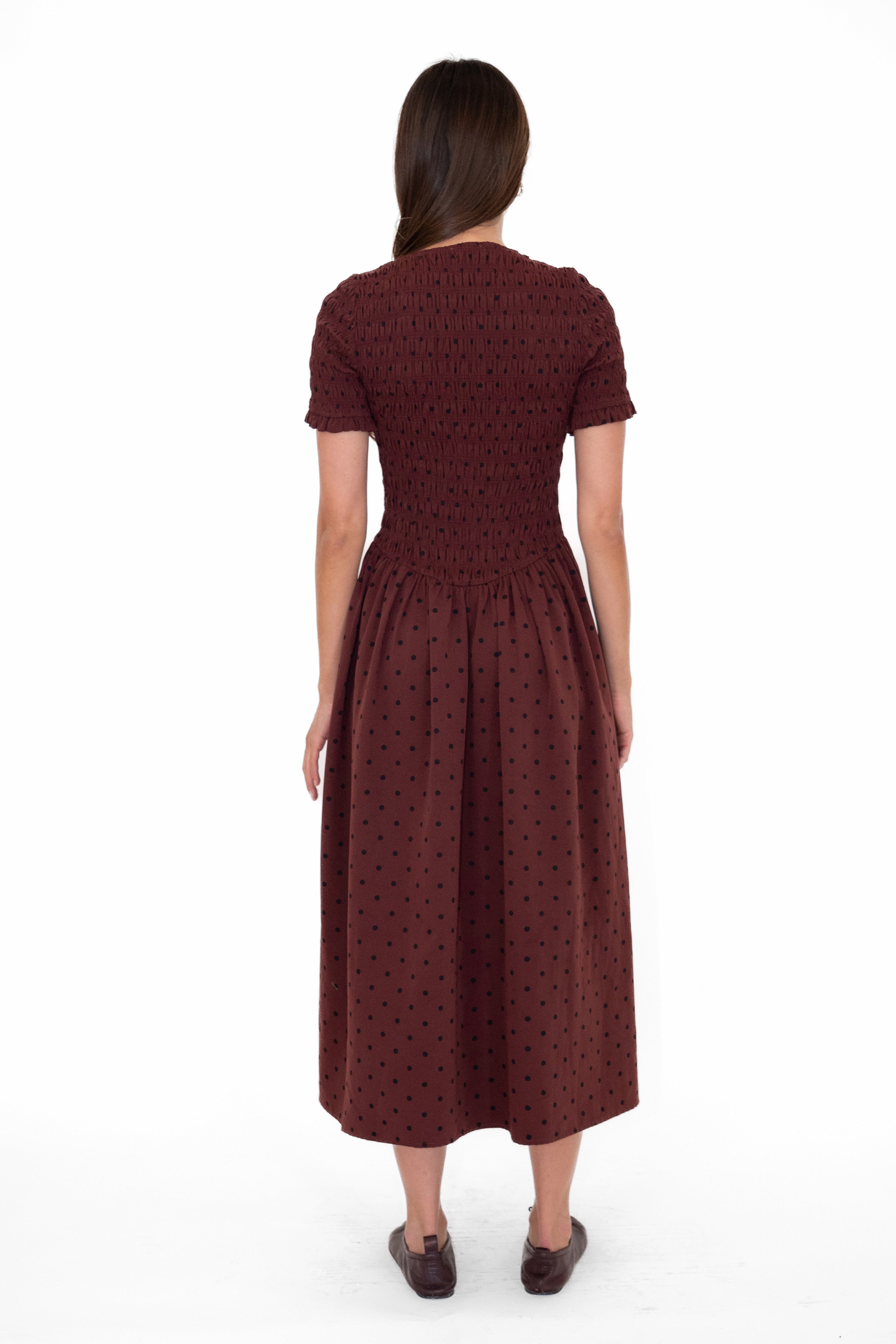 Beatrix Smocked Plum Polka Dot Midi Dress