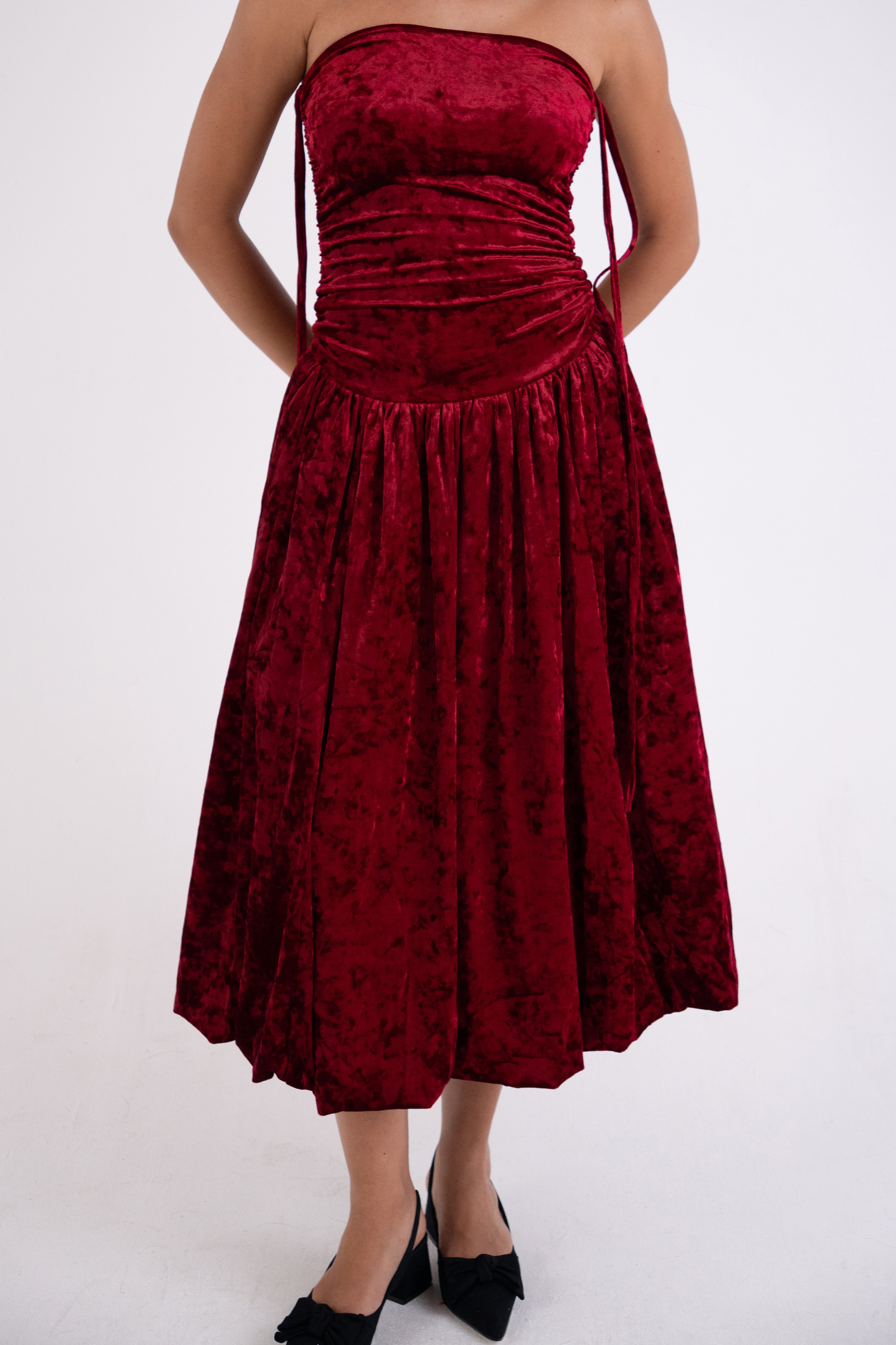 Alexa Dark Red Velvet Puffball Dress