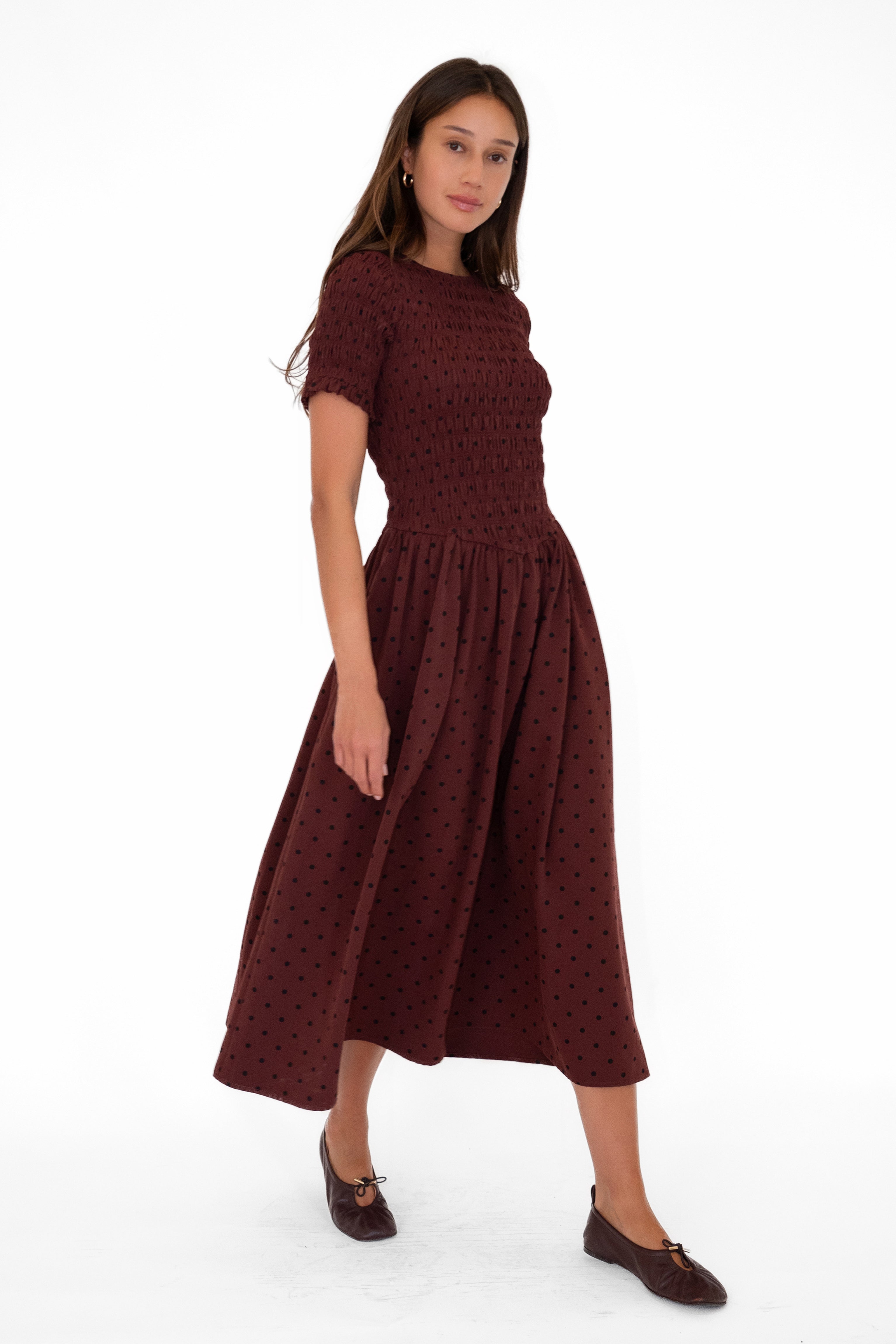 Beatrix Smocked Plum Polka Dot Midi Dress