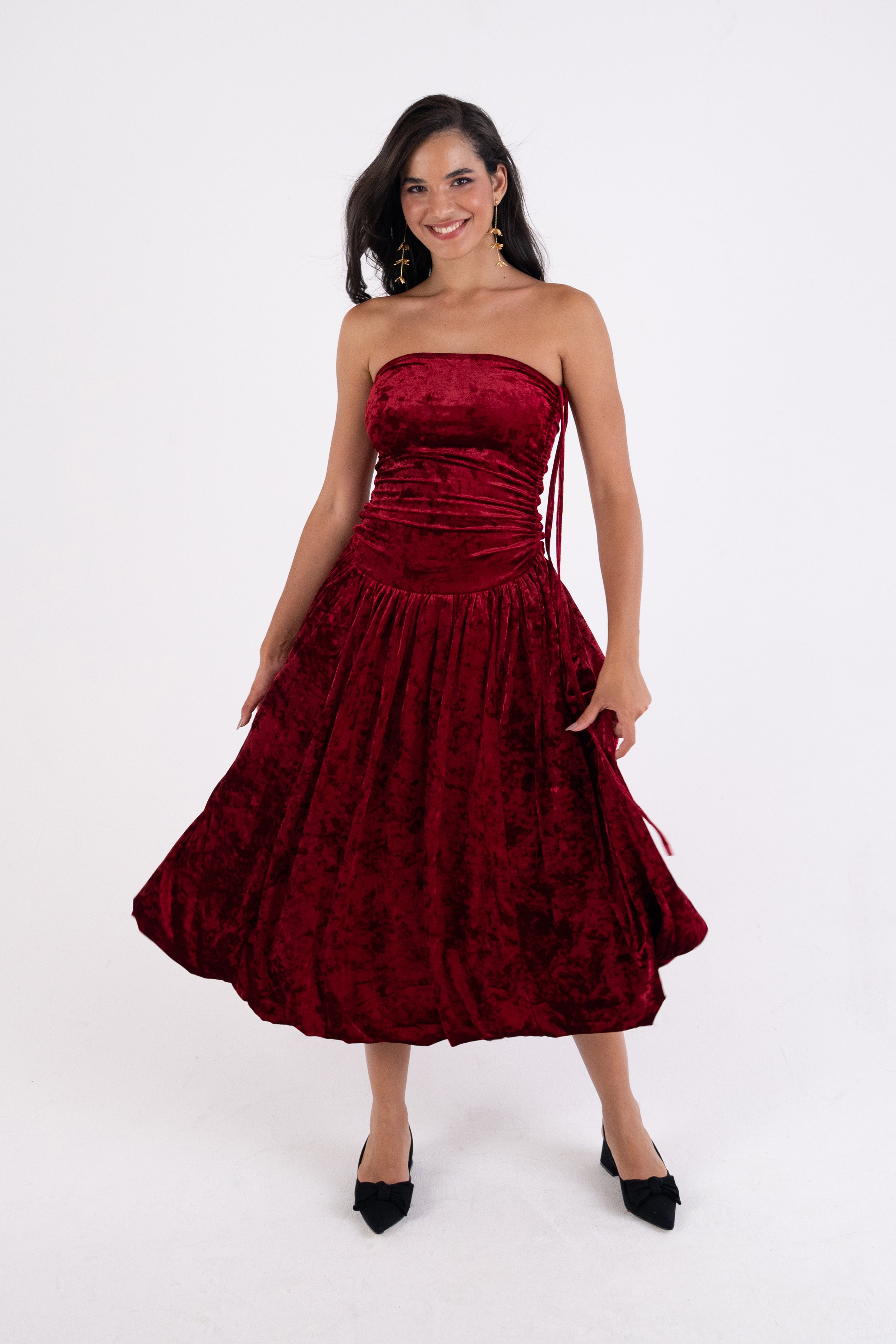 Alexa Dark Red Velvet Puffball Dress