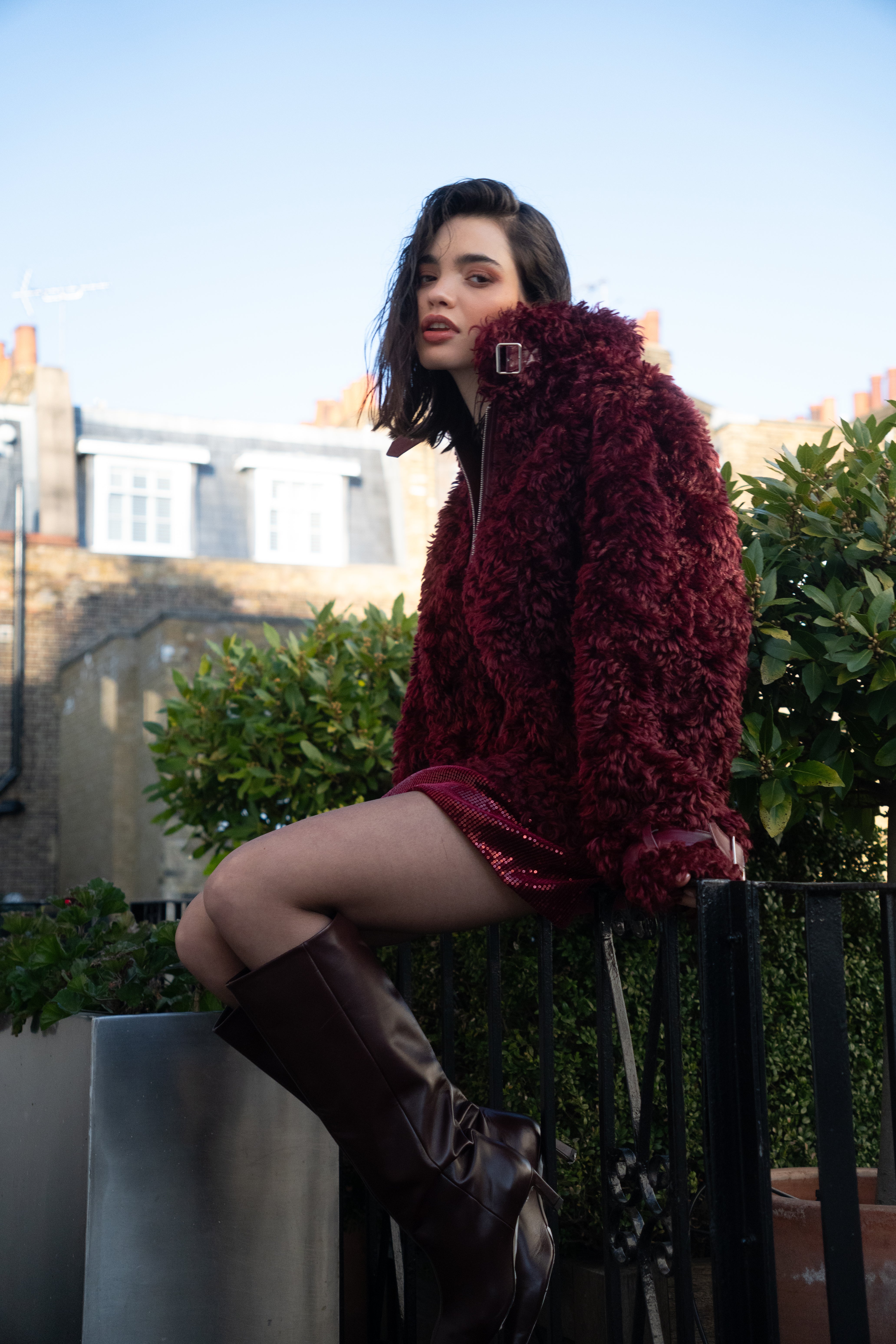 Celeste Burgundy Faux Fur Shearling Coat with Leather Trim