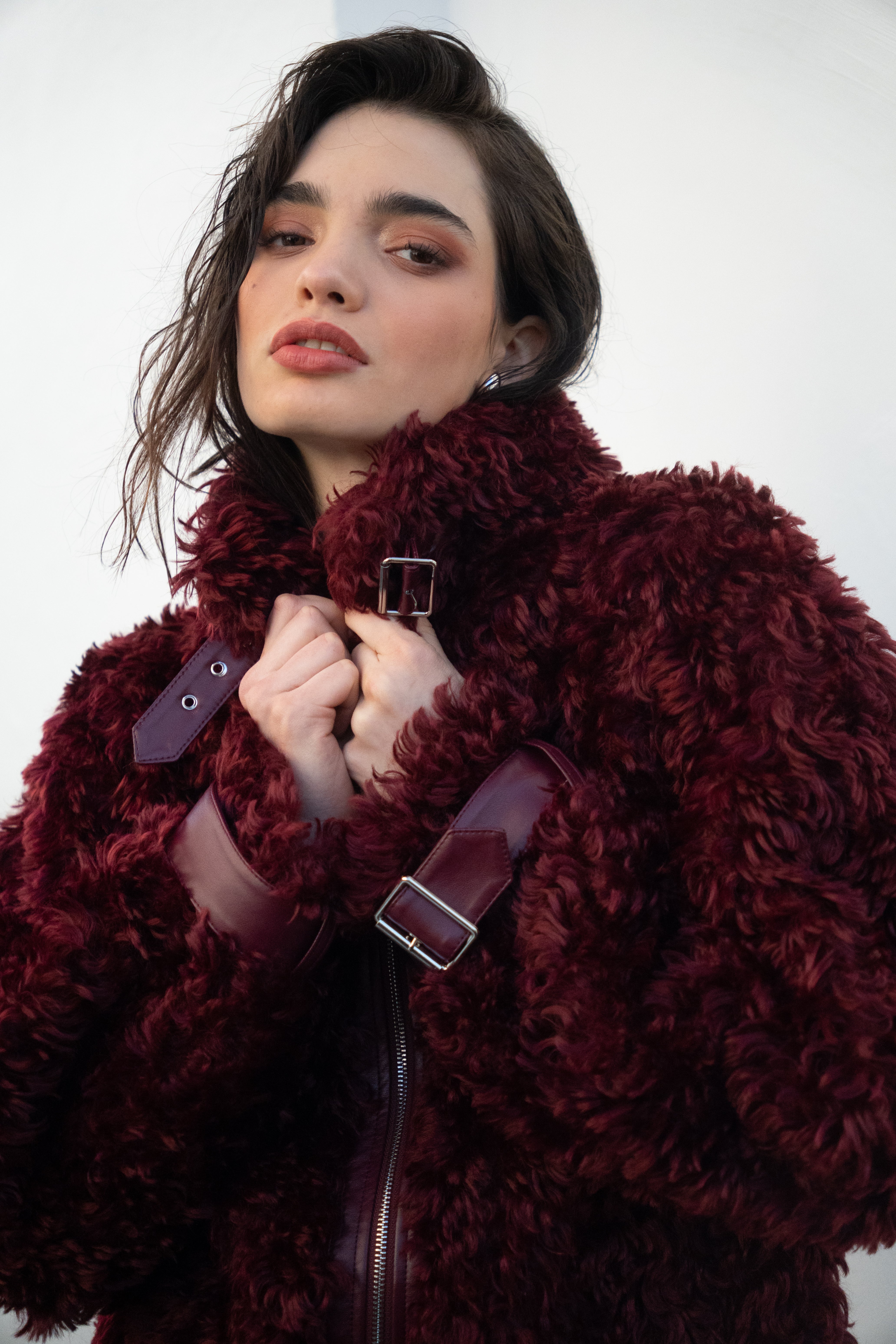 Celeste Burgundy Funnel Neck Faux Shearling Coat