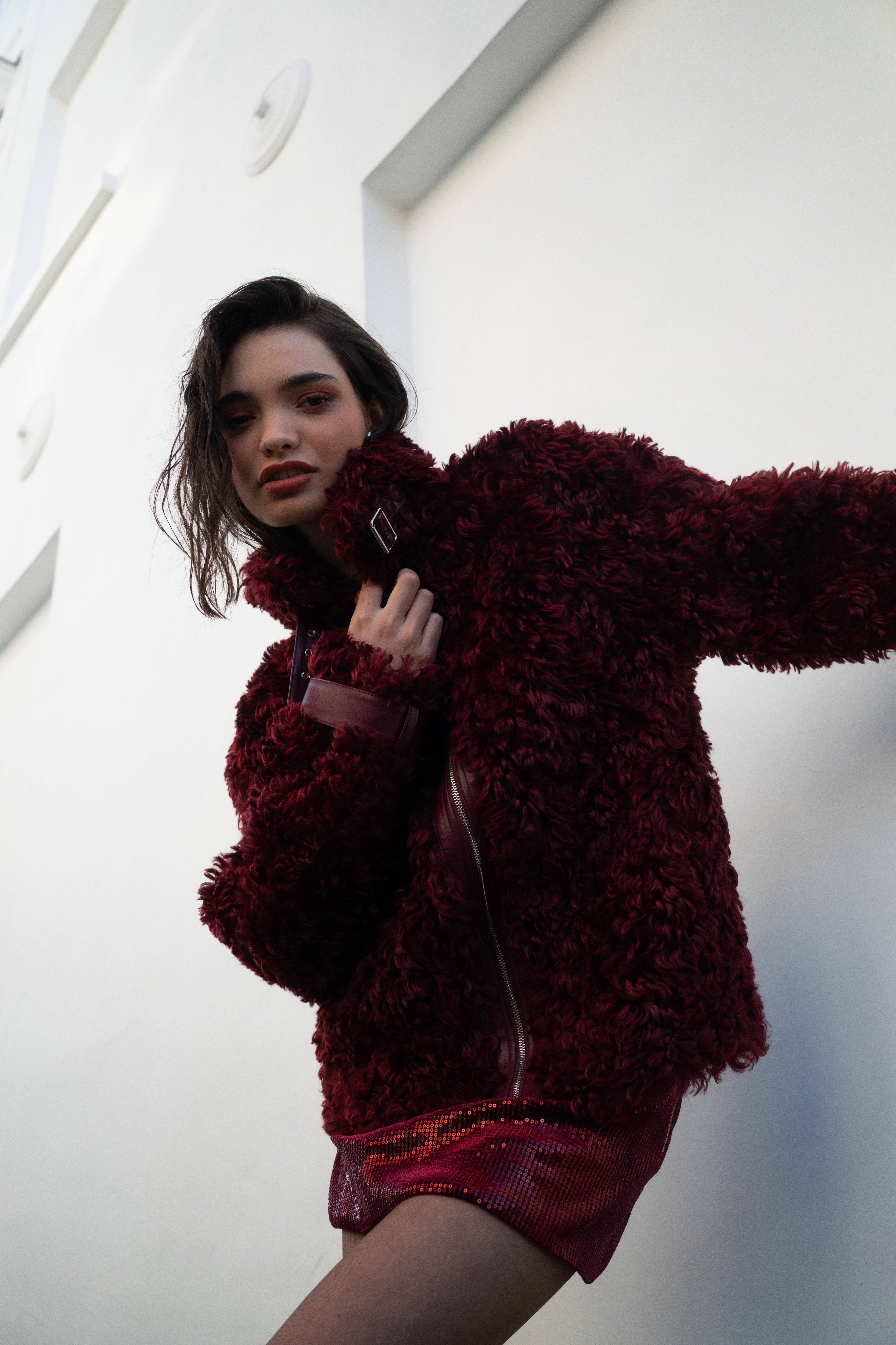 Celeste Burgundy Funnel Neck Faux Shearling Coat