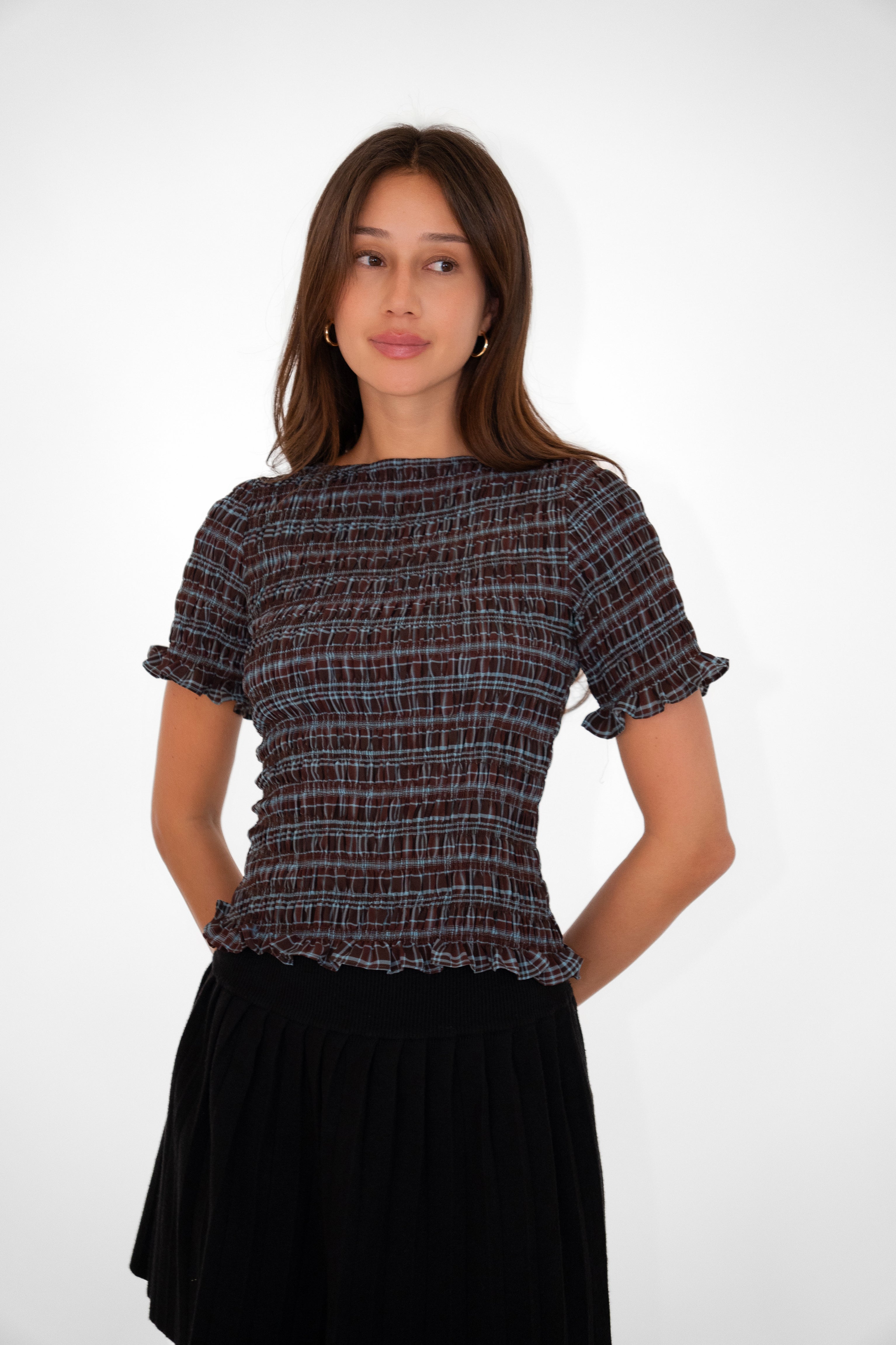 Kitty Heritage Check Chiffon Smocked Frill Sleeve Top