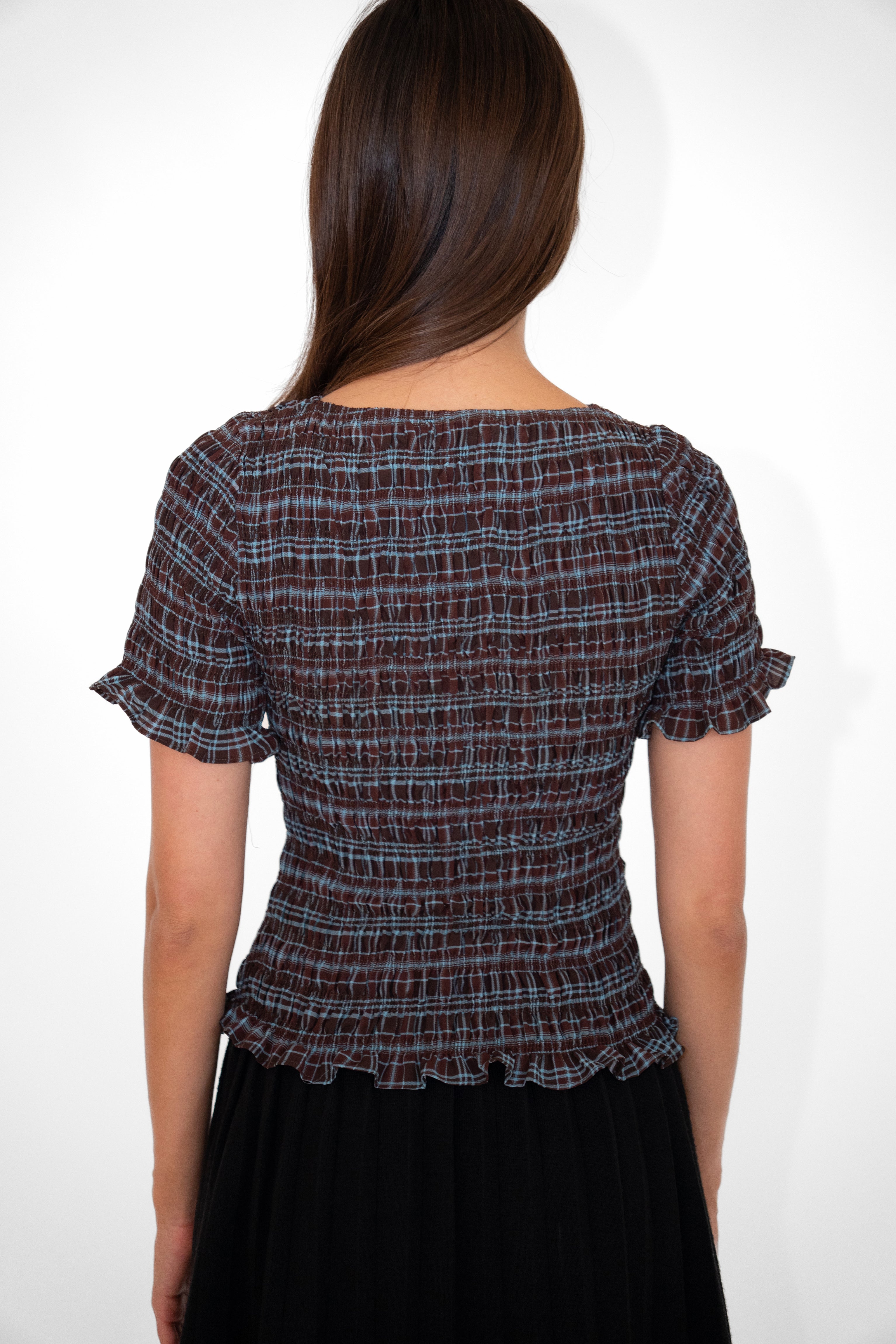Kitty Heritage Check Chiffon Smocked Frill Sleeve Top