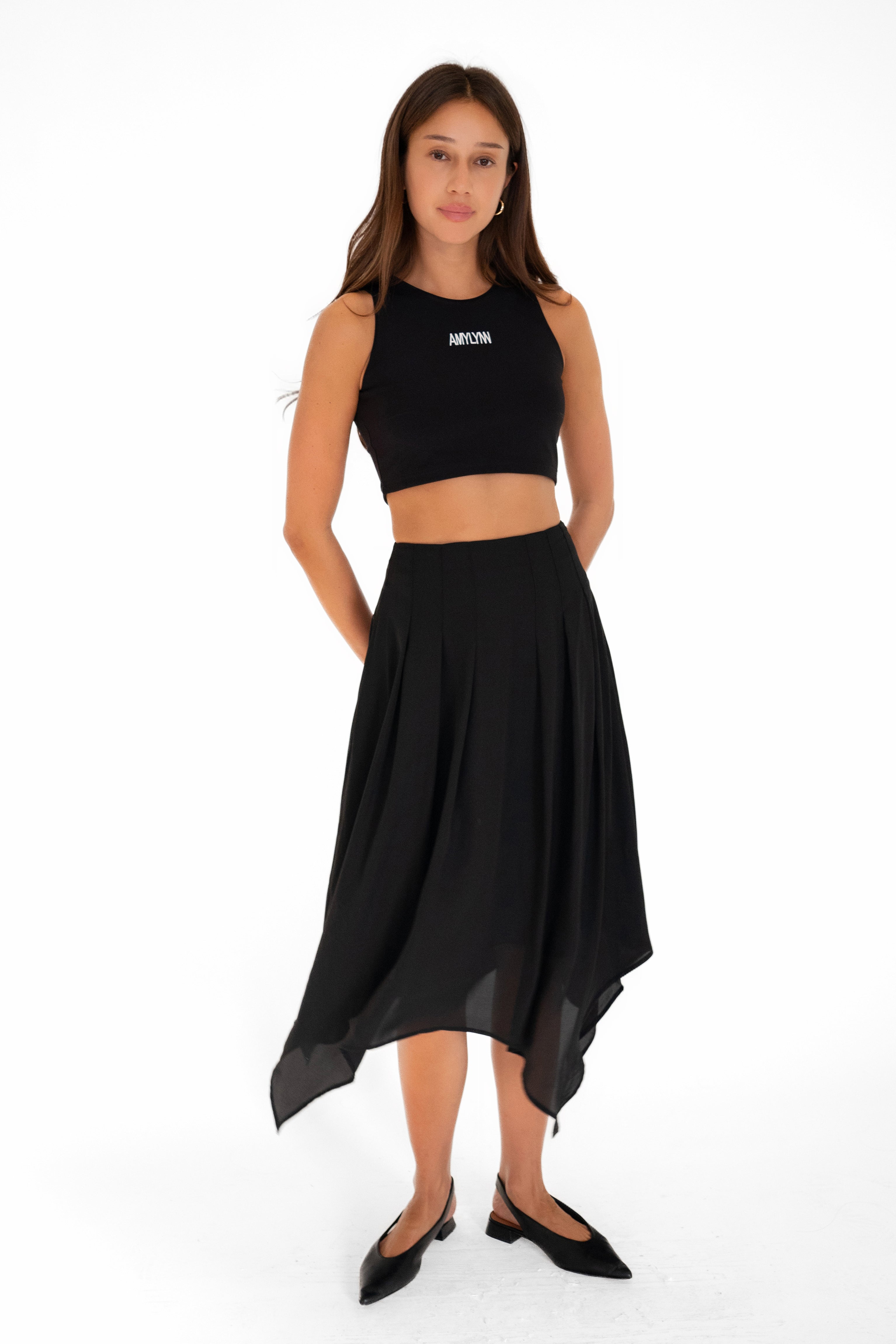 Tilda Black Asymmetric Chiffon Midi Skirt