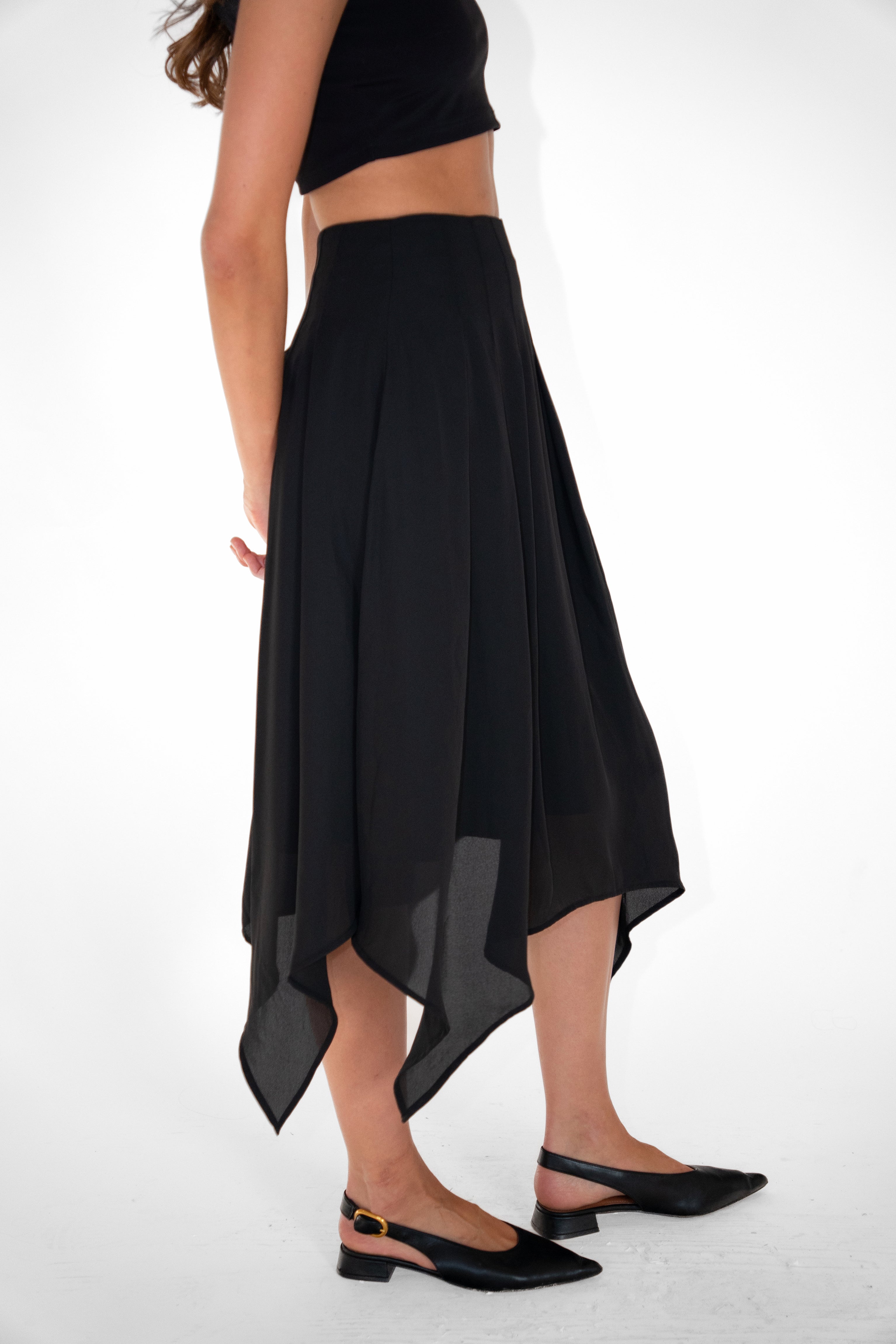 Tilda Black Asymmetric Chiffon Midi Skirt
