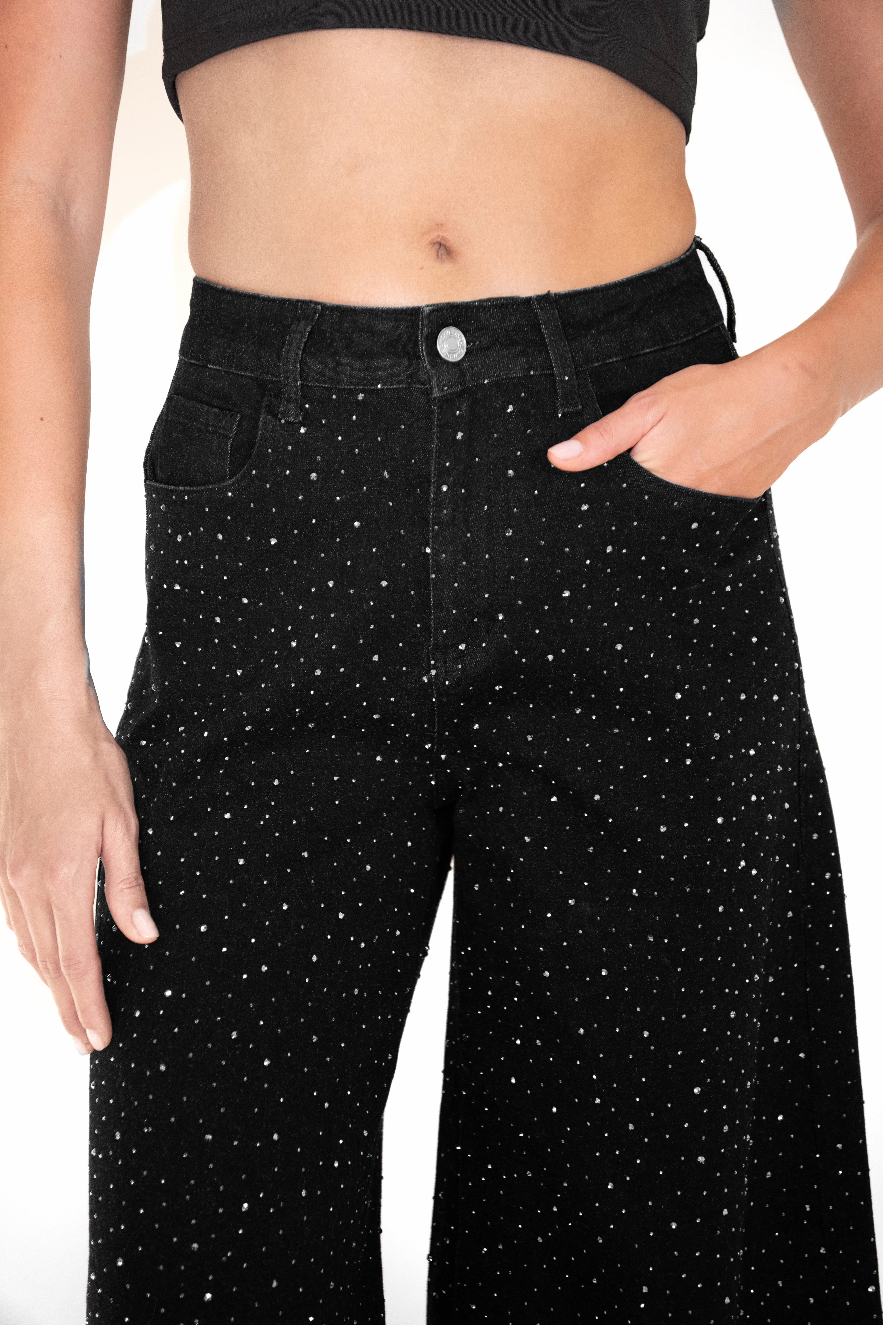 Demi Rich Cotton Black Diamante Flare Jeans