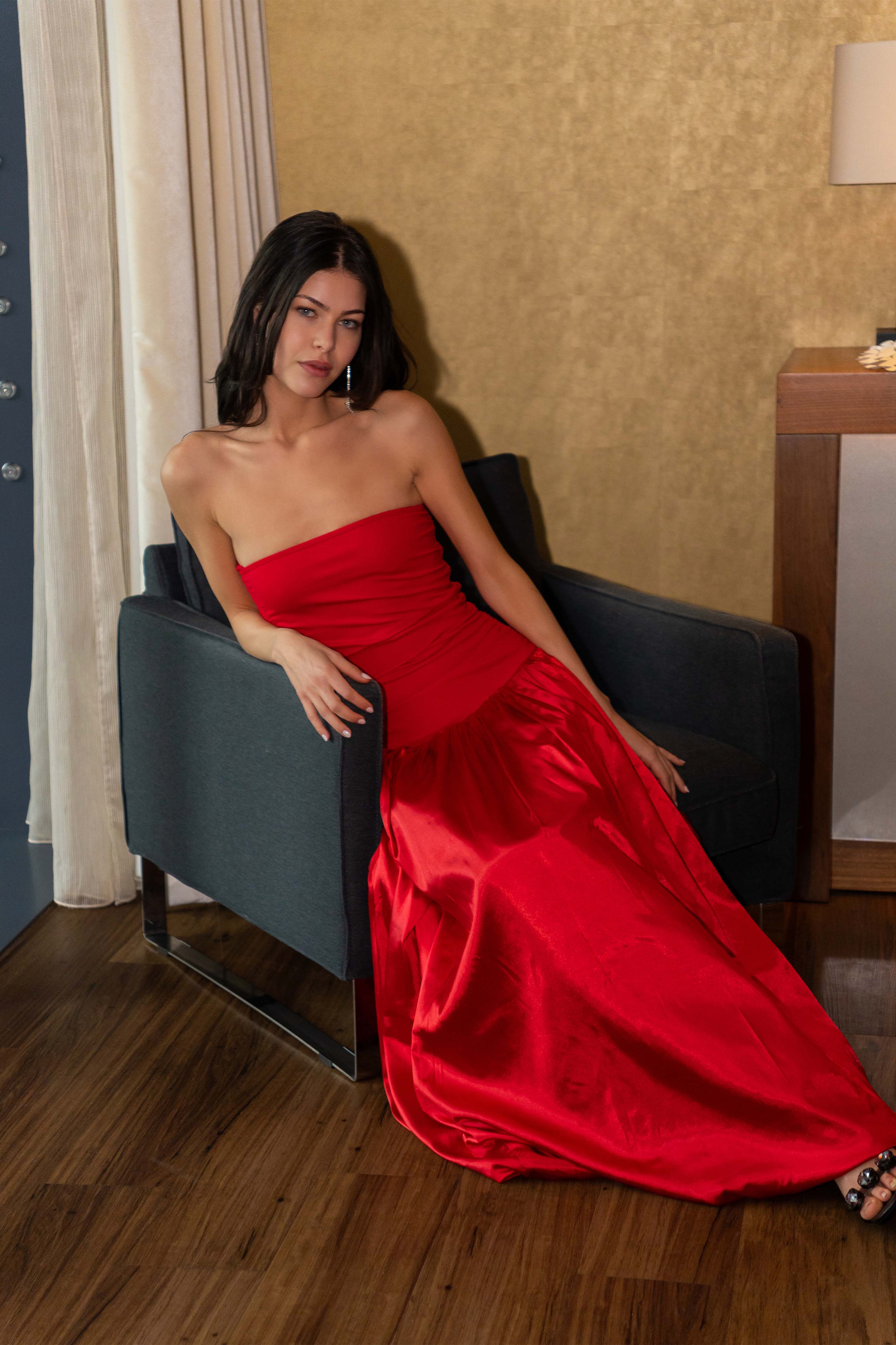 Alexa Red Satin Puffball Dress