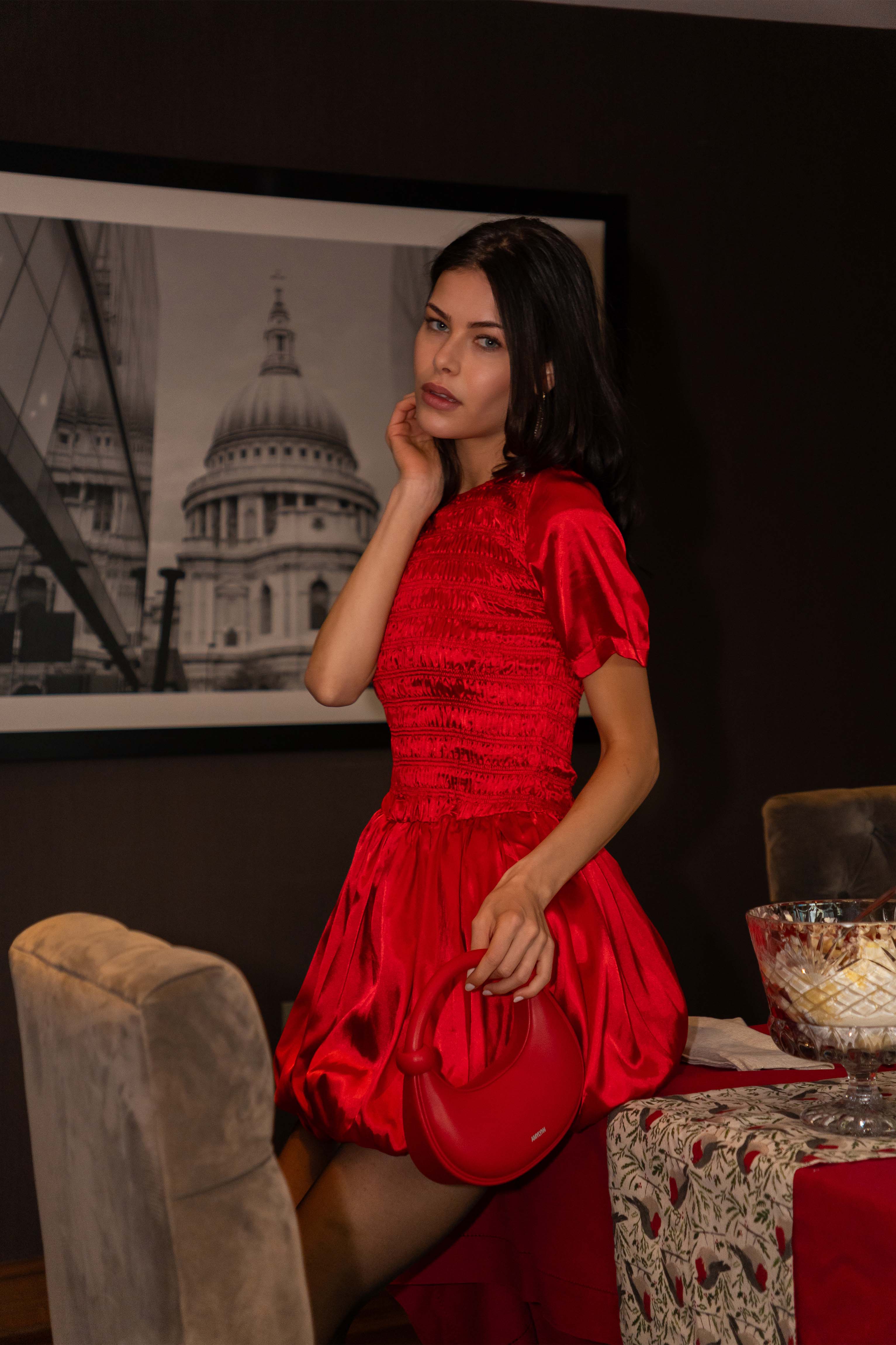 Eleanor Red Satin Puffball Ultra Mini Dress