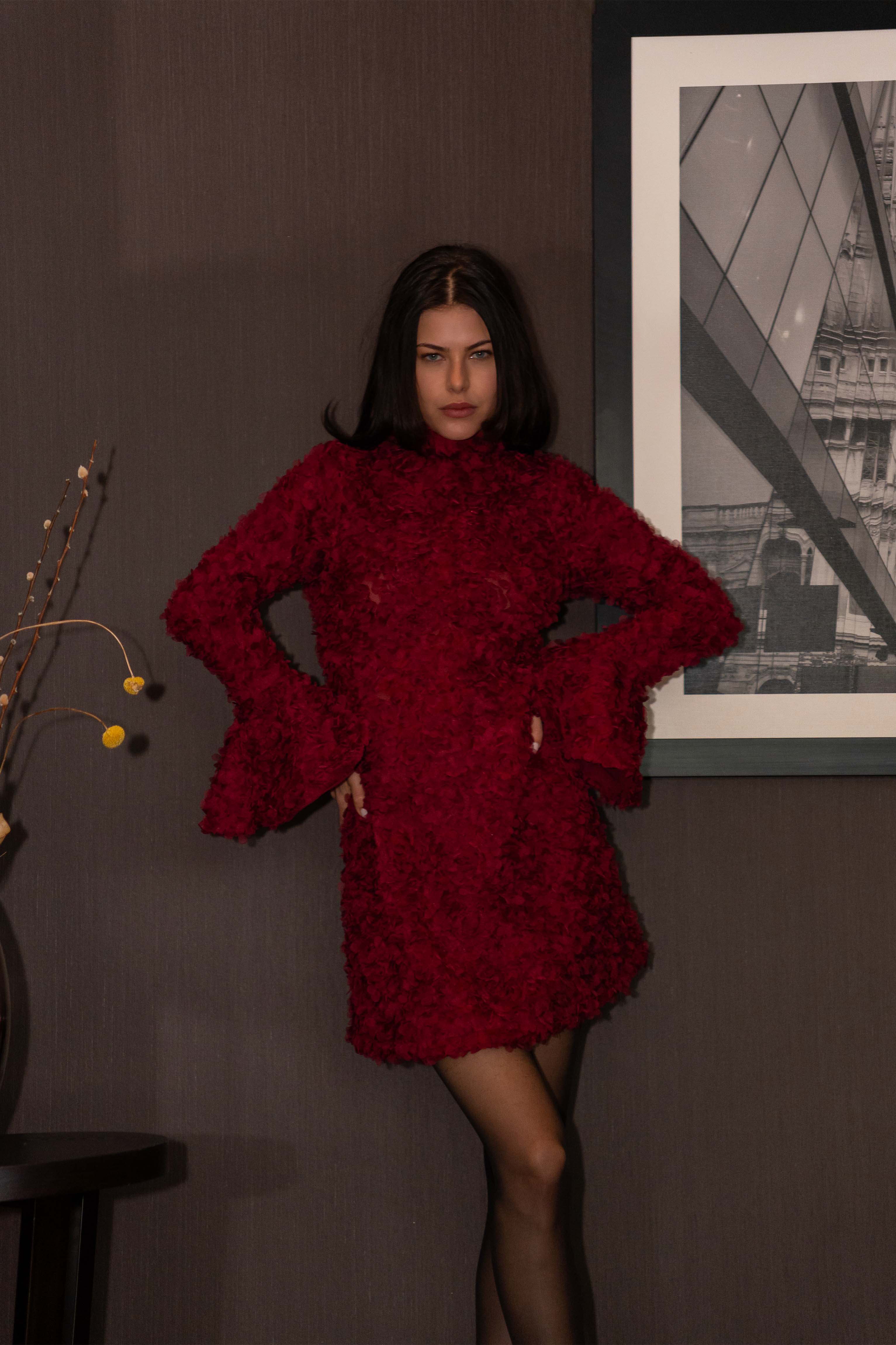 Delphine Burgundy 3D Floral Textured Mini Dress