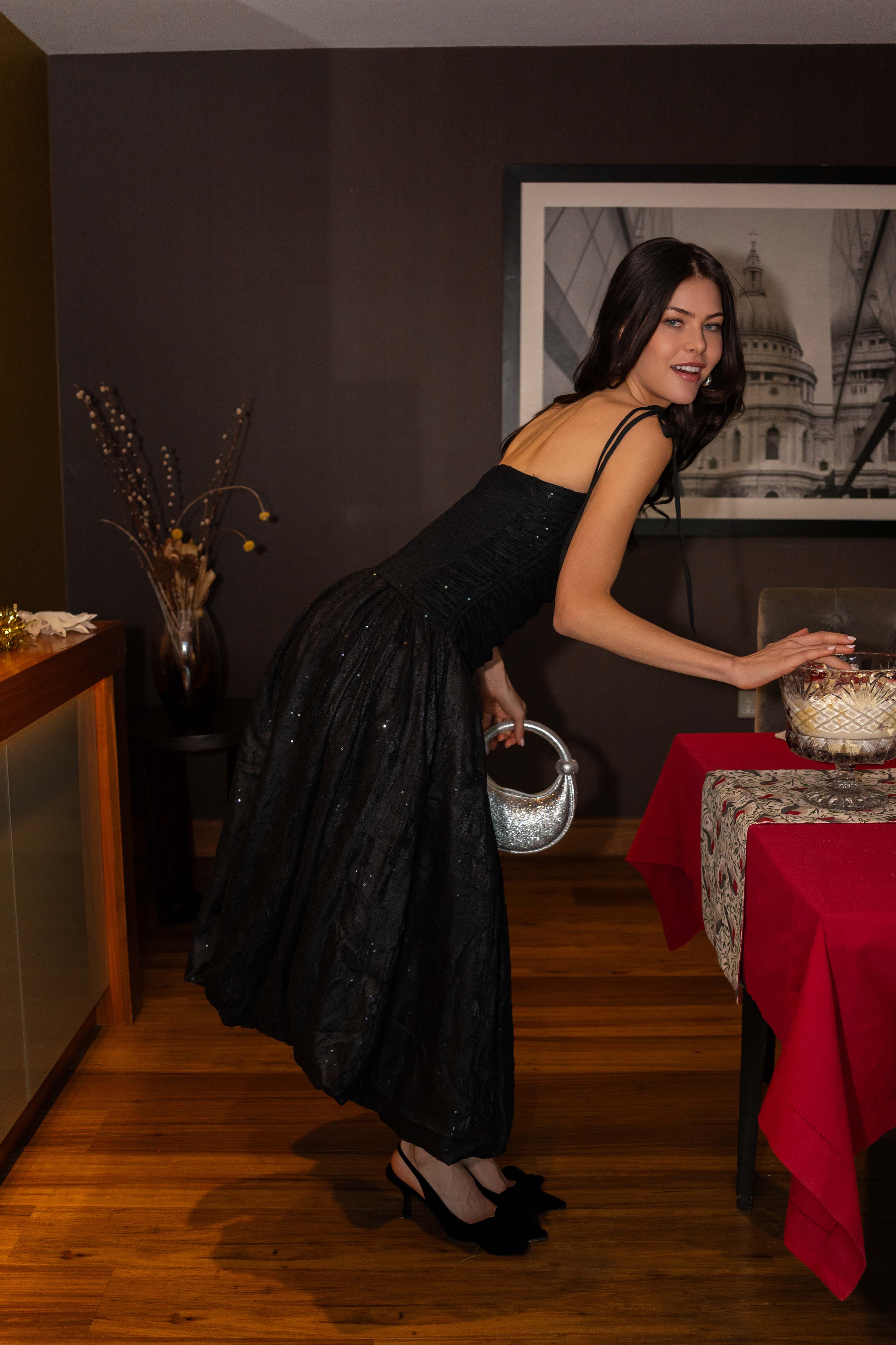 Alexa Black Lace Sequin Puffball Dress