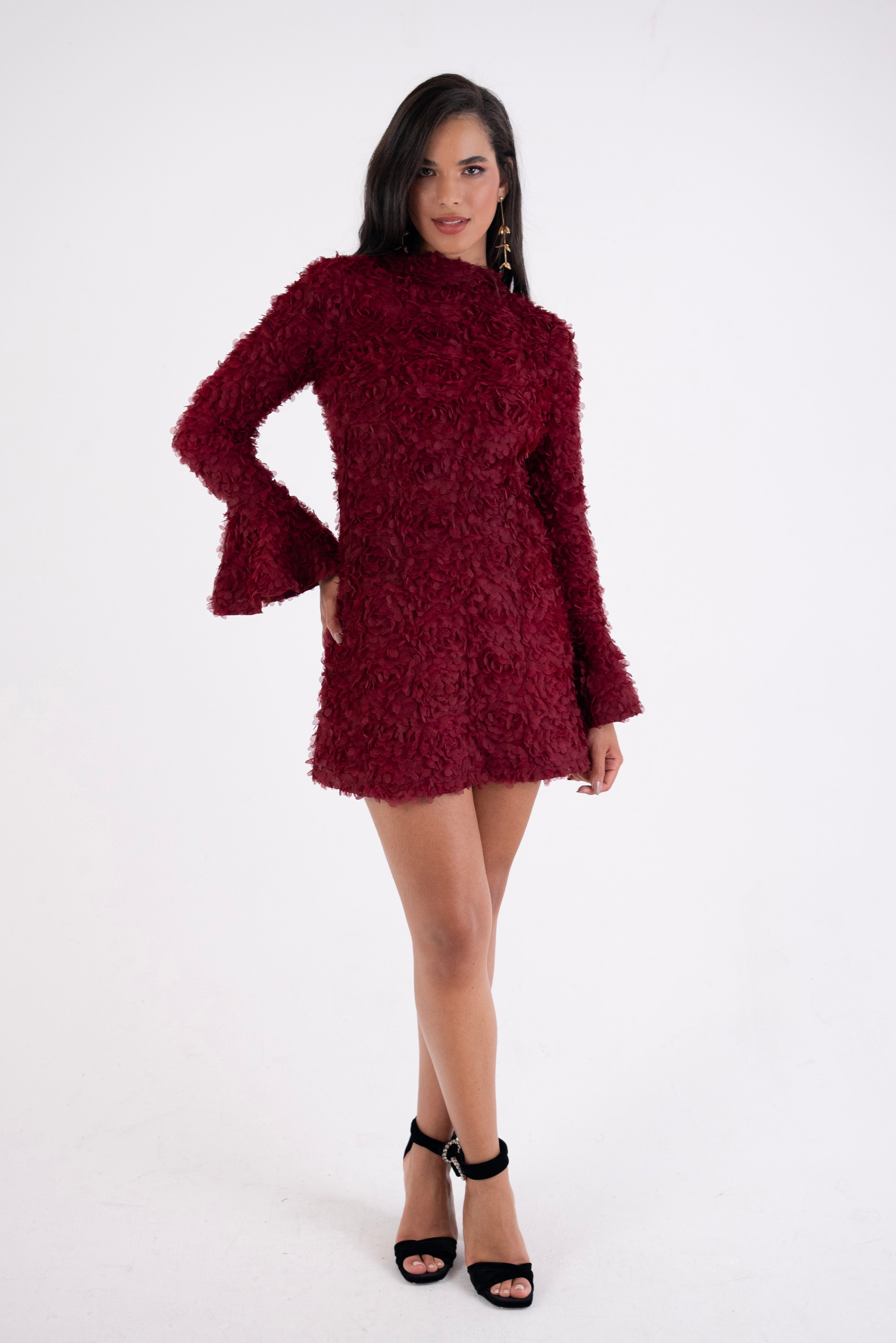 Delphine Burgundy 3D Floral Textured Mini Dress