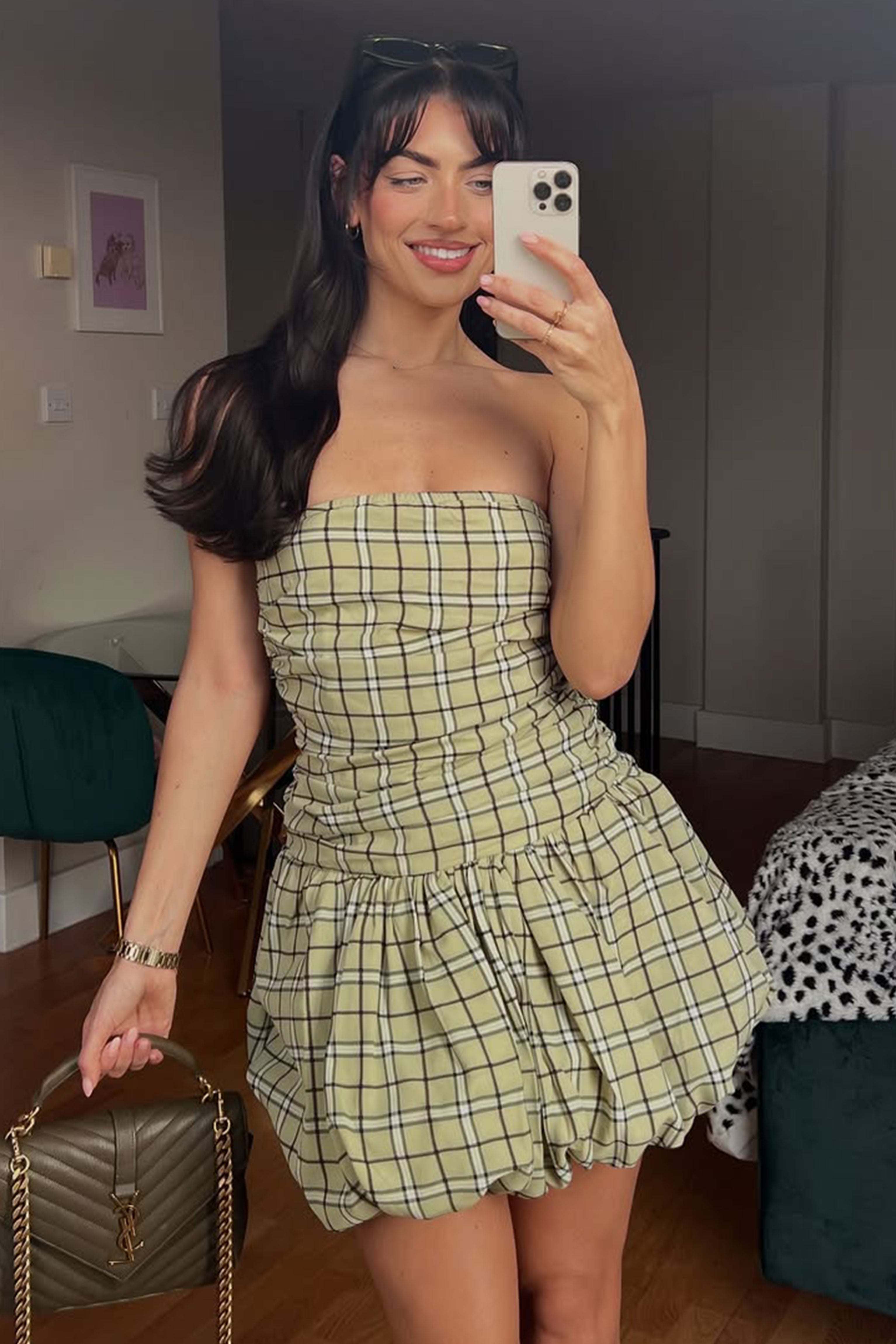 Dionne Green Check Tartan Puffball Mini Dress