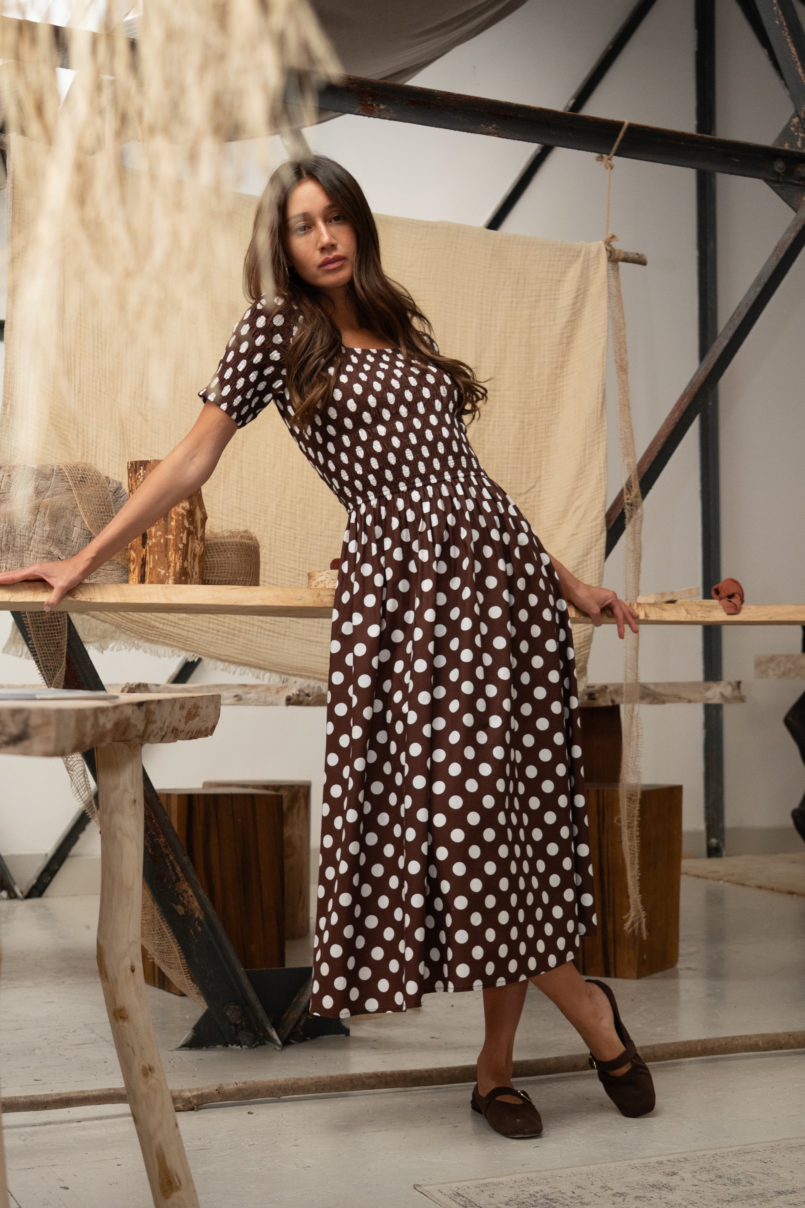 Matilda Pure Cotton Brown Polka Dot Midi Dress